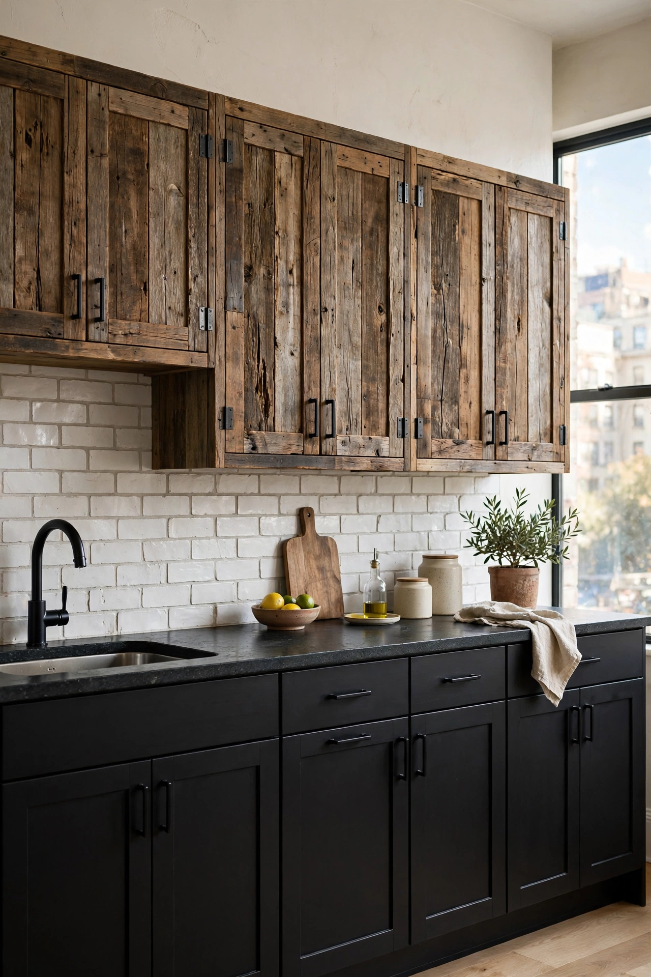 Black and wood kitchen cabinets
