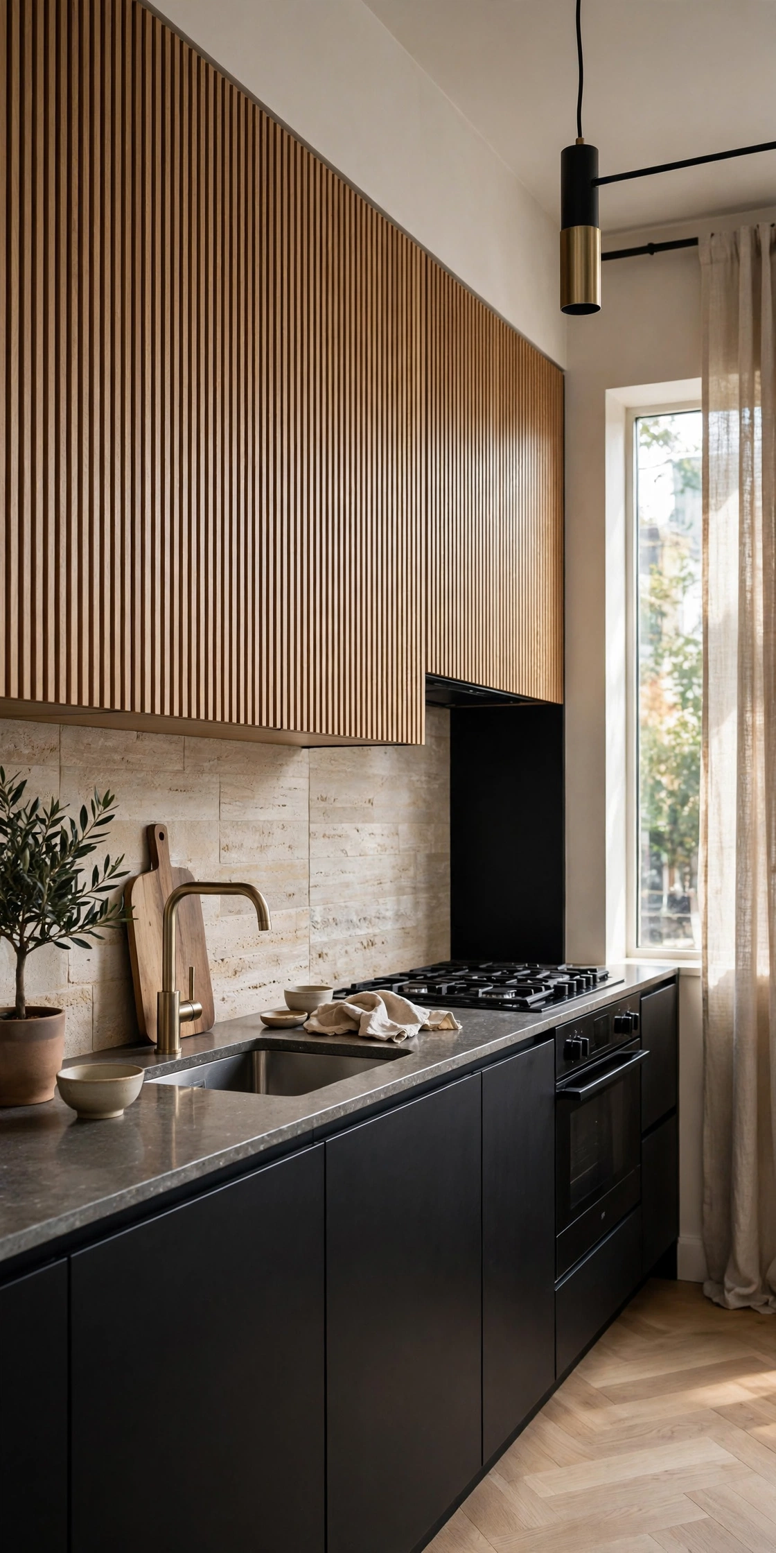 Black and wood kitchen cabinets