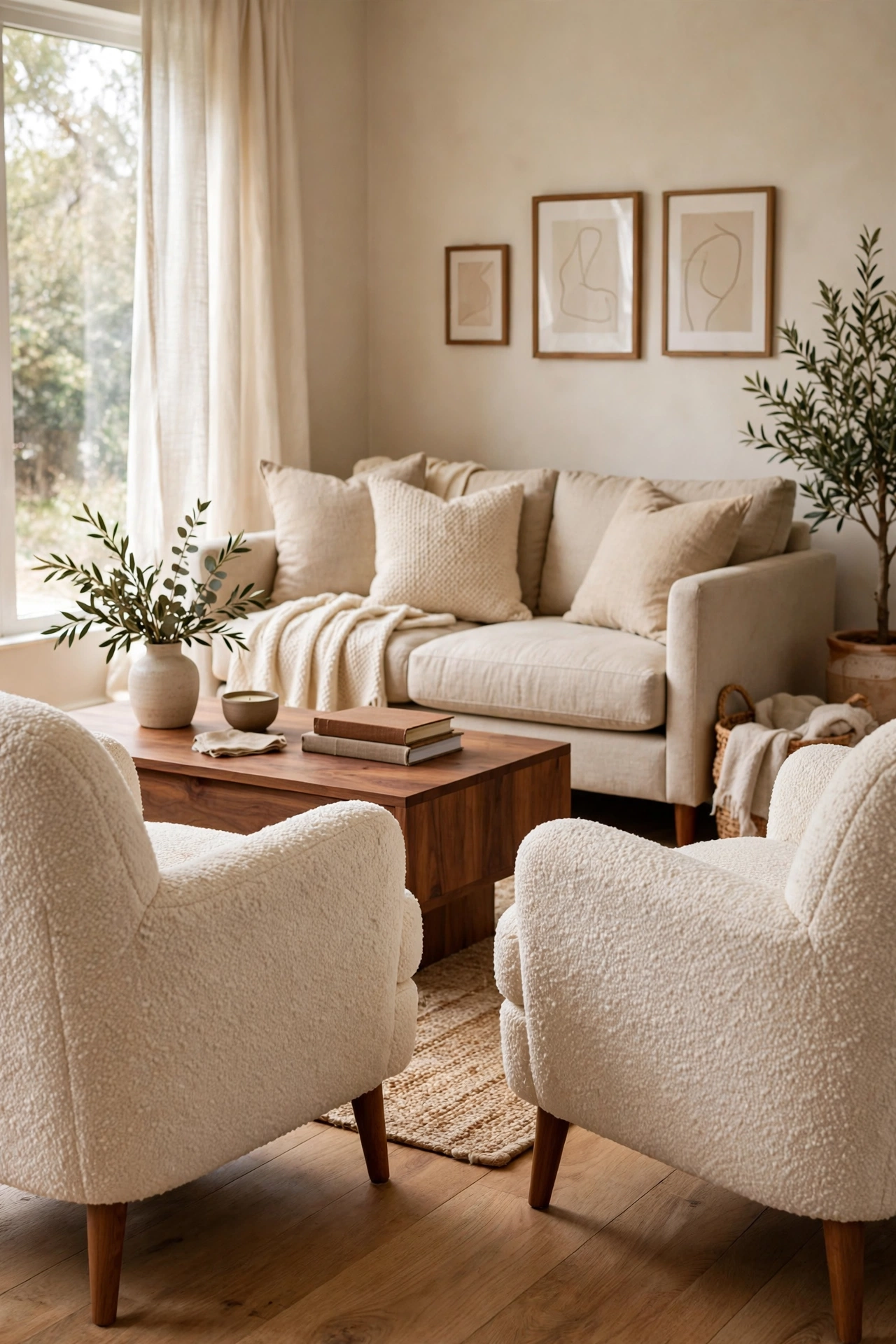 Beige and wood living room interior