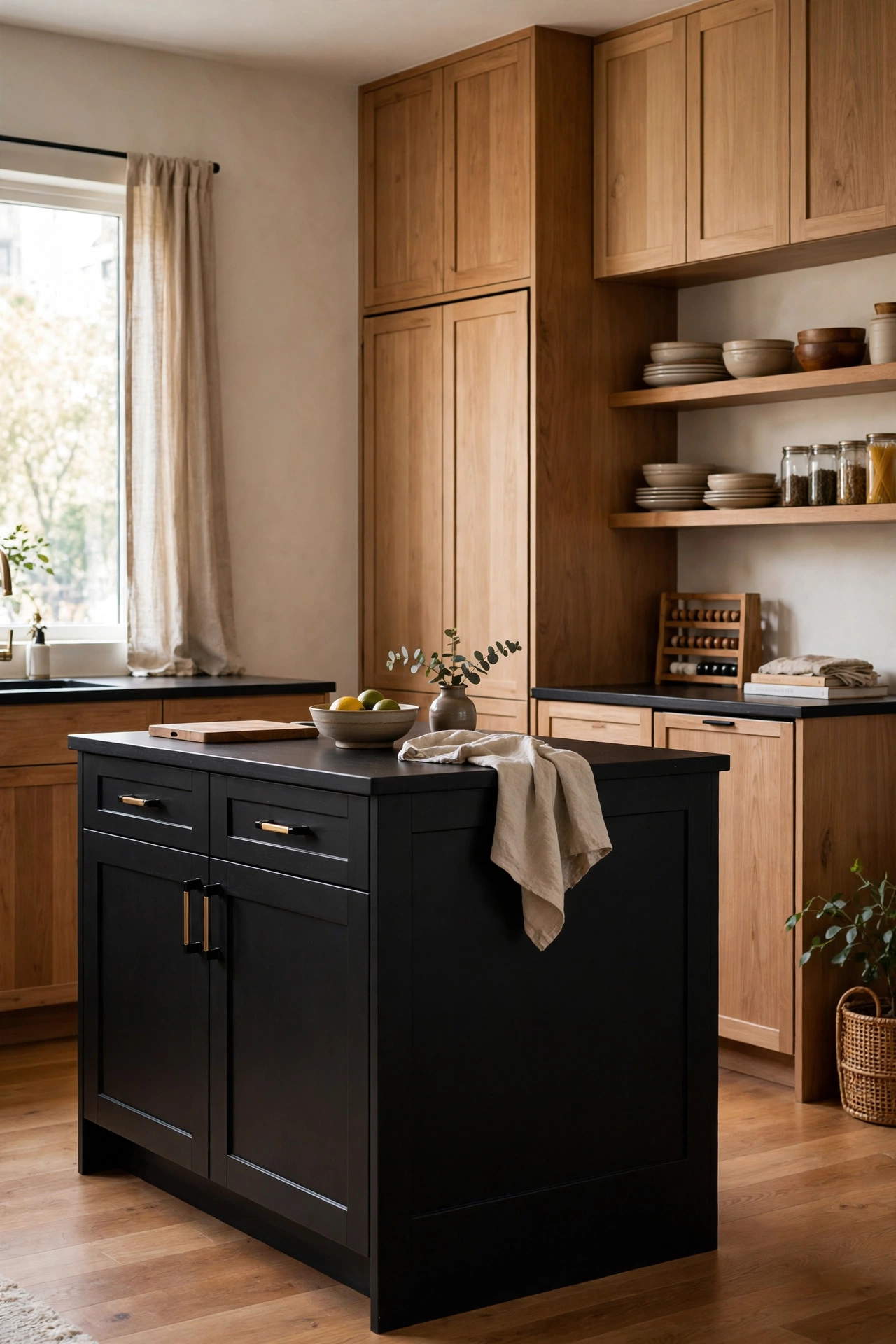 Black and wood kitchen cabinets