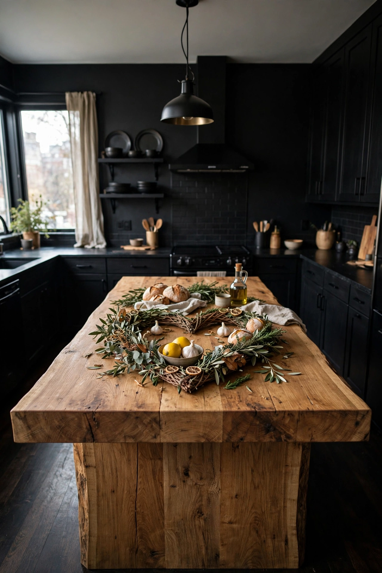 Black and wood kitchen cabinets