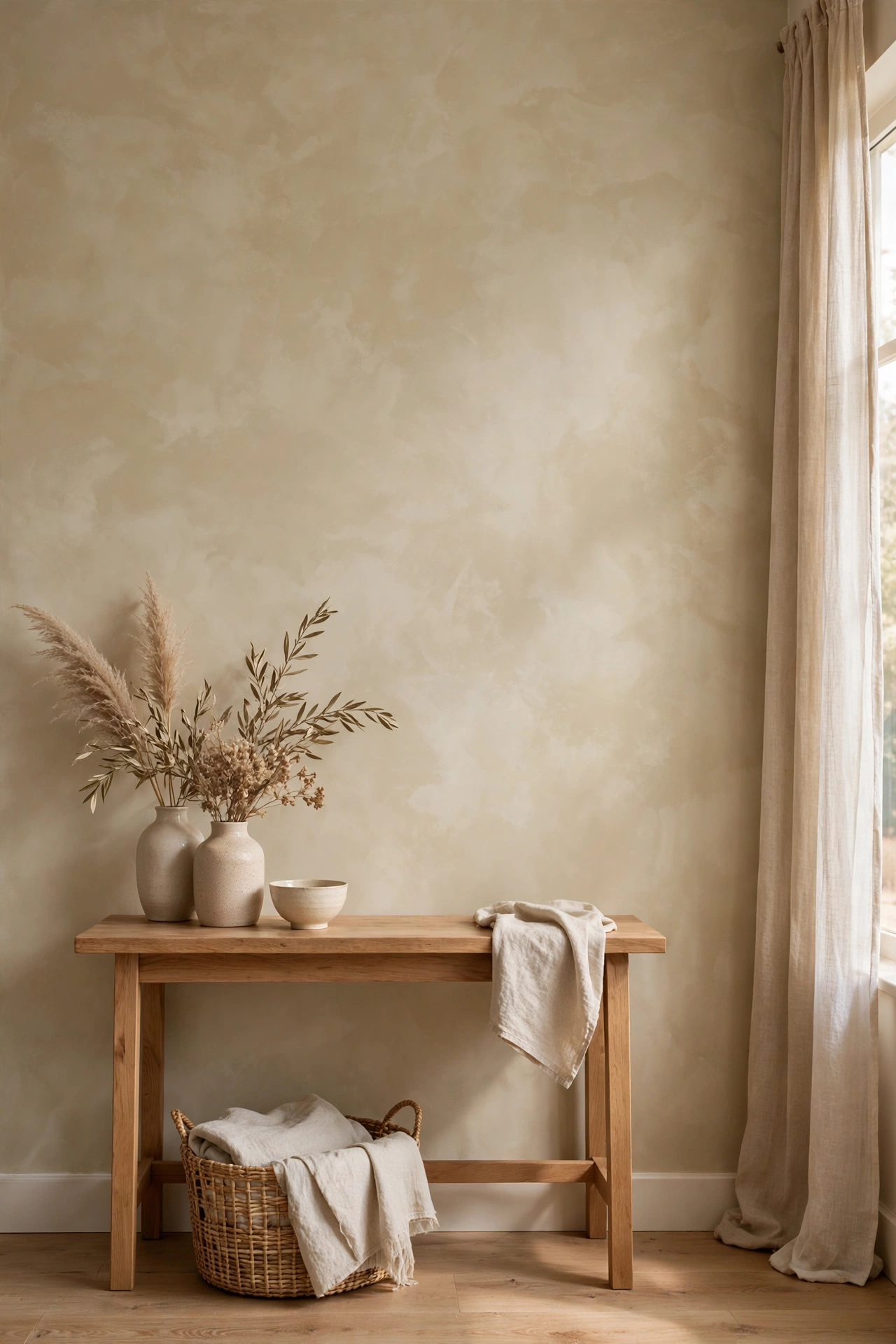 Beige and wood living room interior