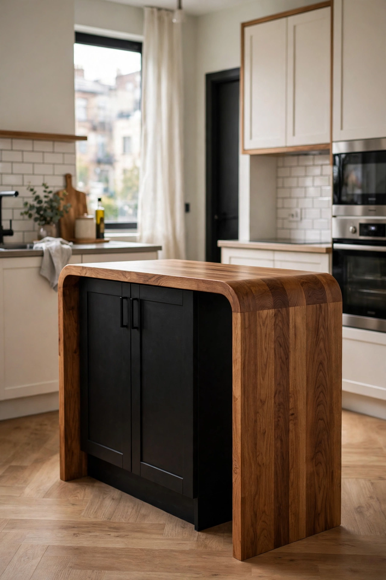 Black and wood kitchen cabinets