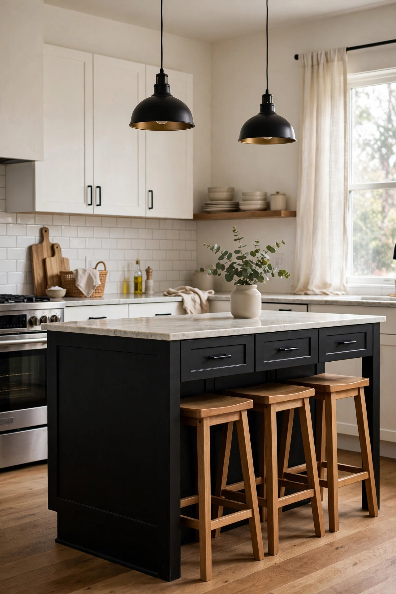 Black and wood kitchen cabinets