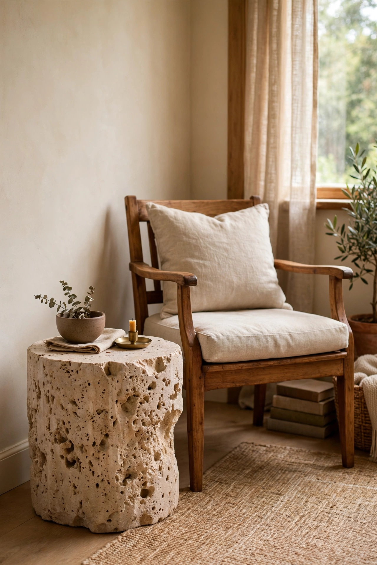 Beige and wood living room interior