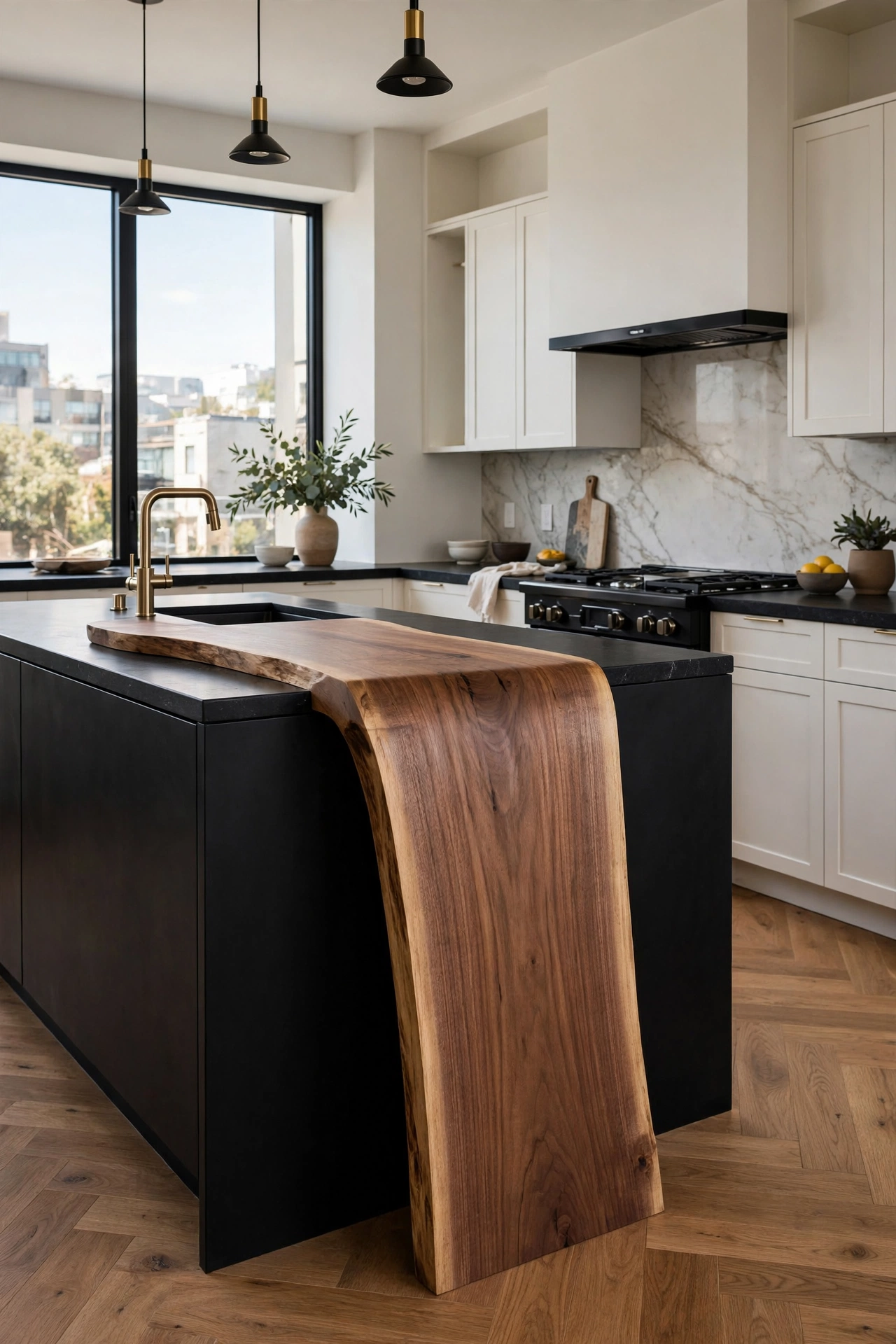 Black and wood kitchen cabinets