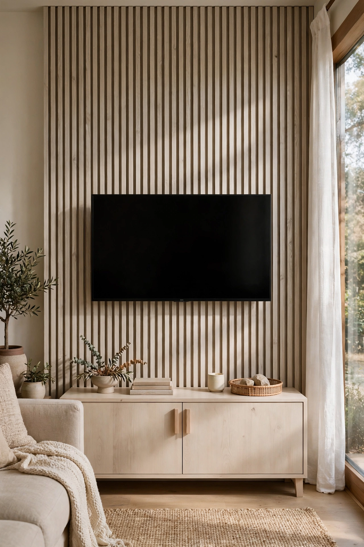 Beige and wood living room interior