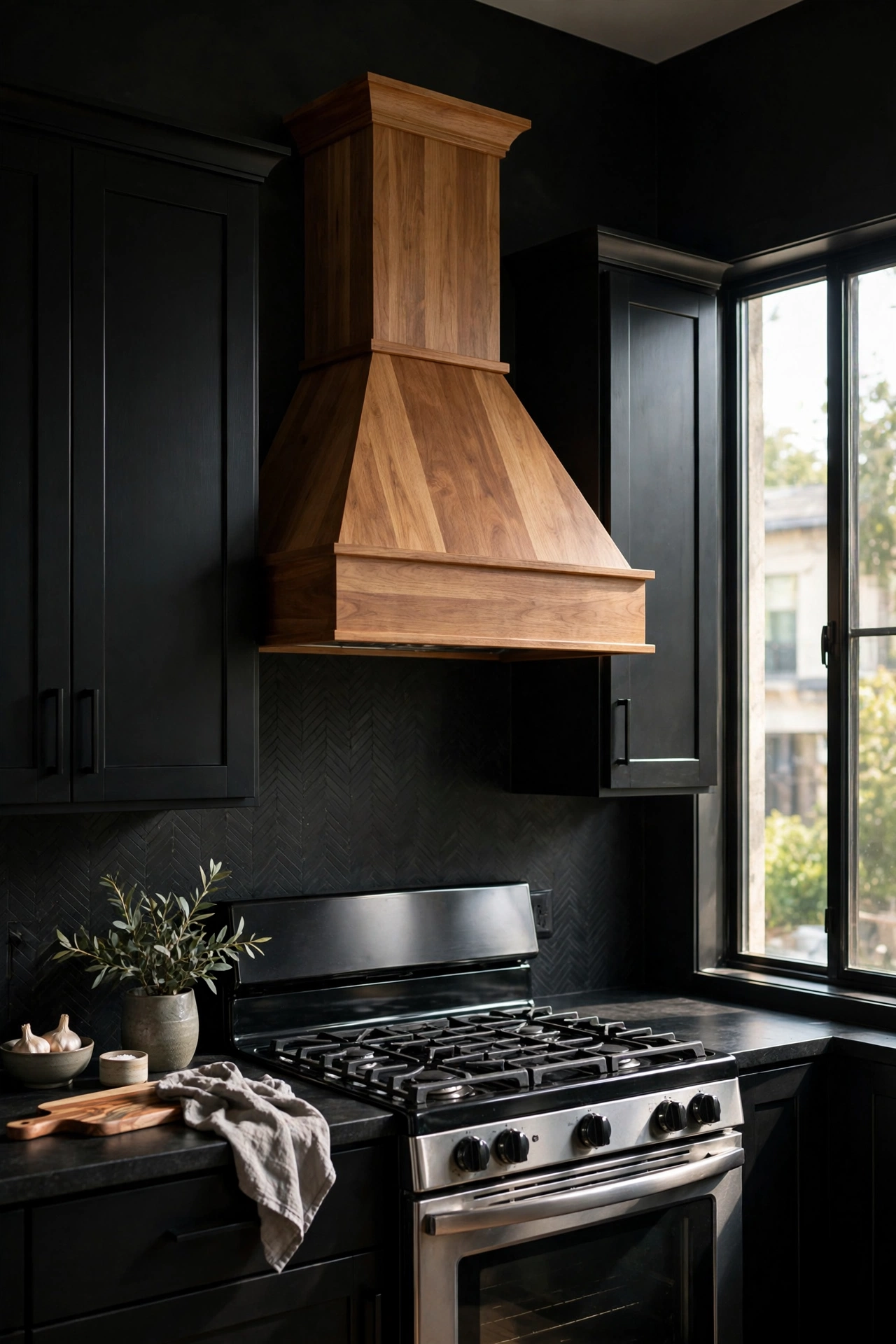 Black and wood kitchen cabinets