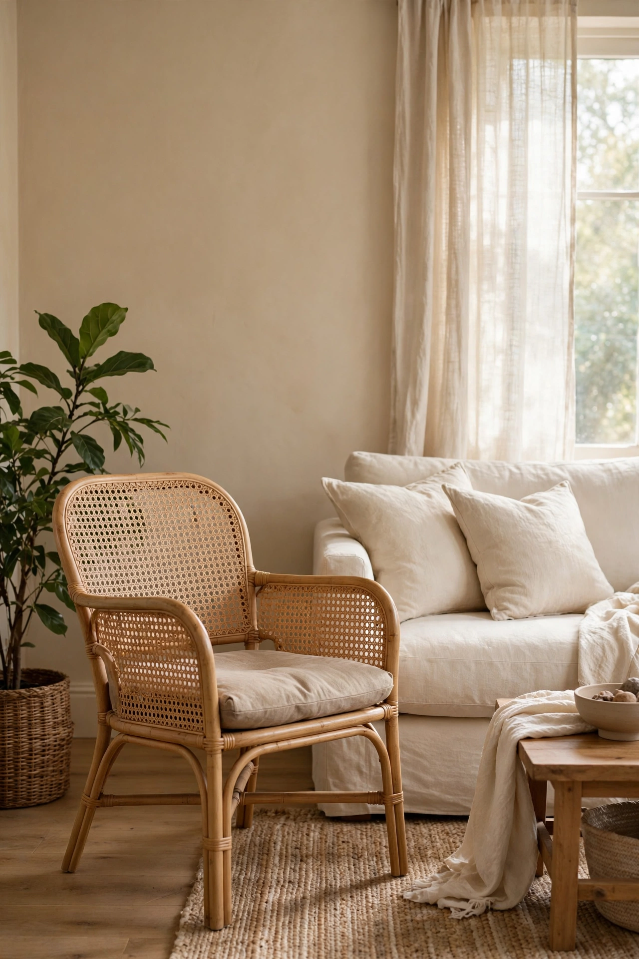 Beige and wood living room interior
