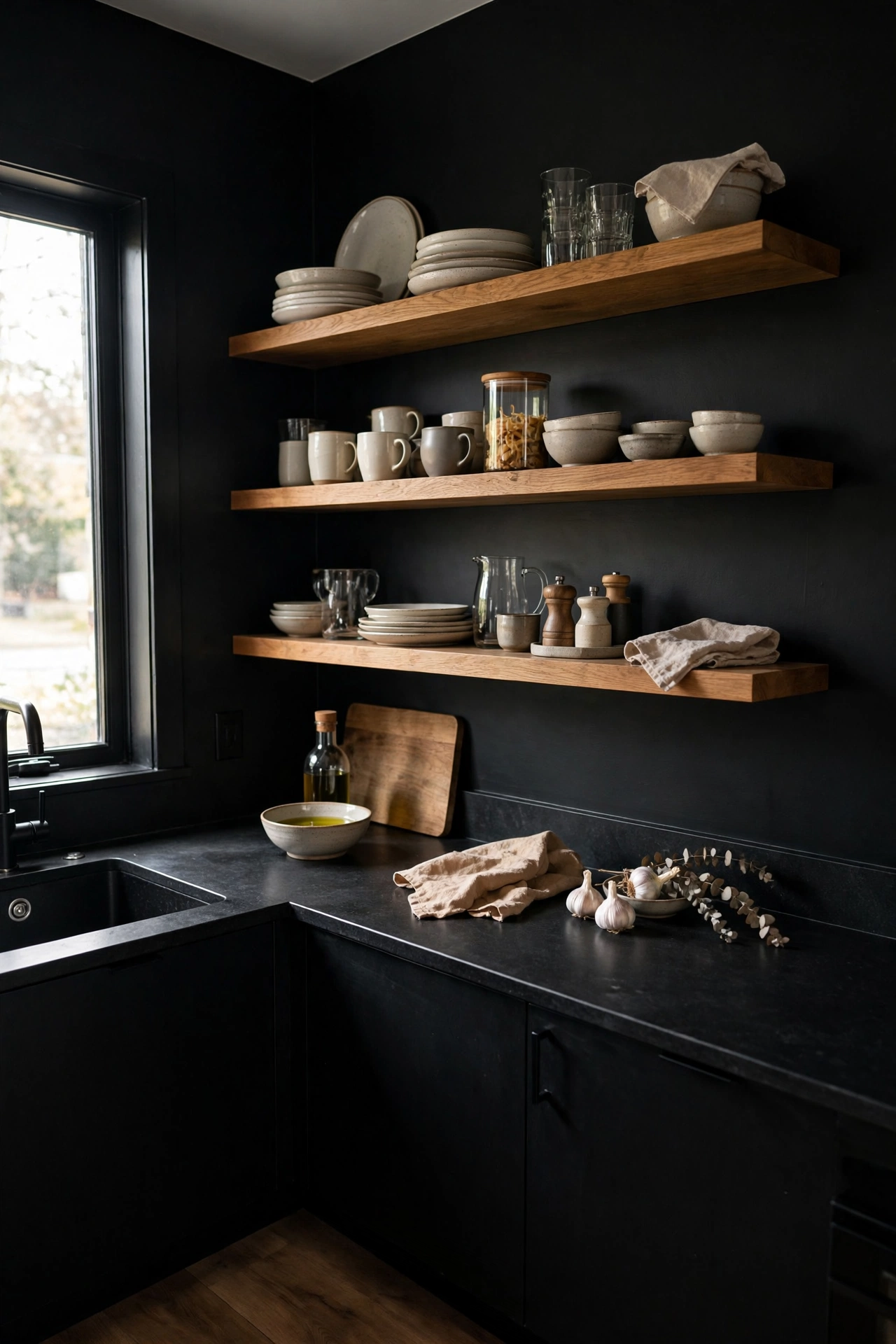 Black and wood kitchen cabinets