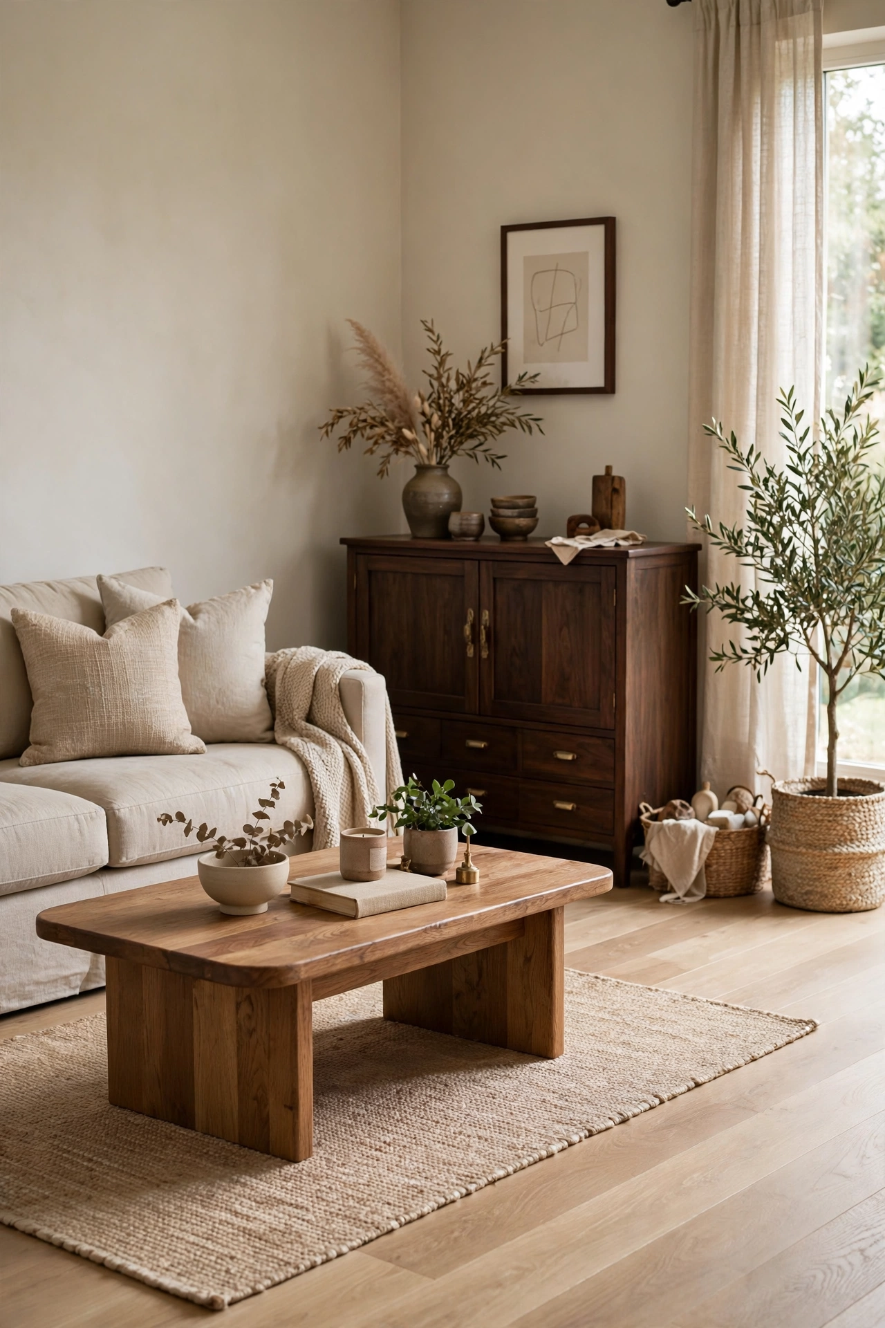 Beige and wood living room interior