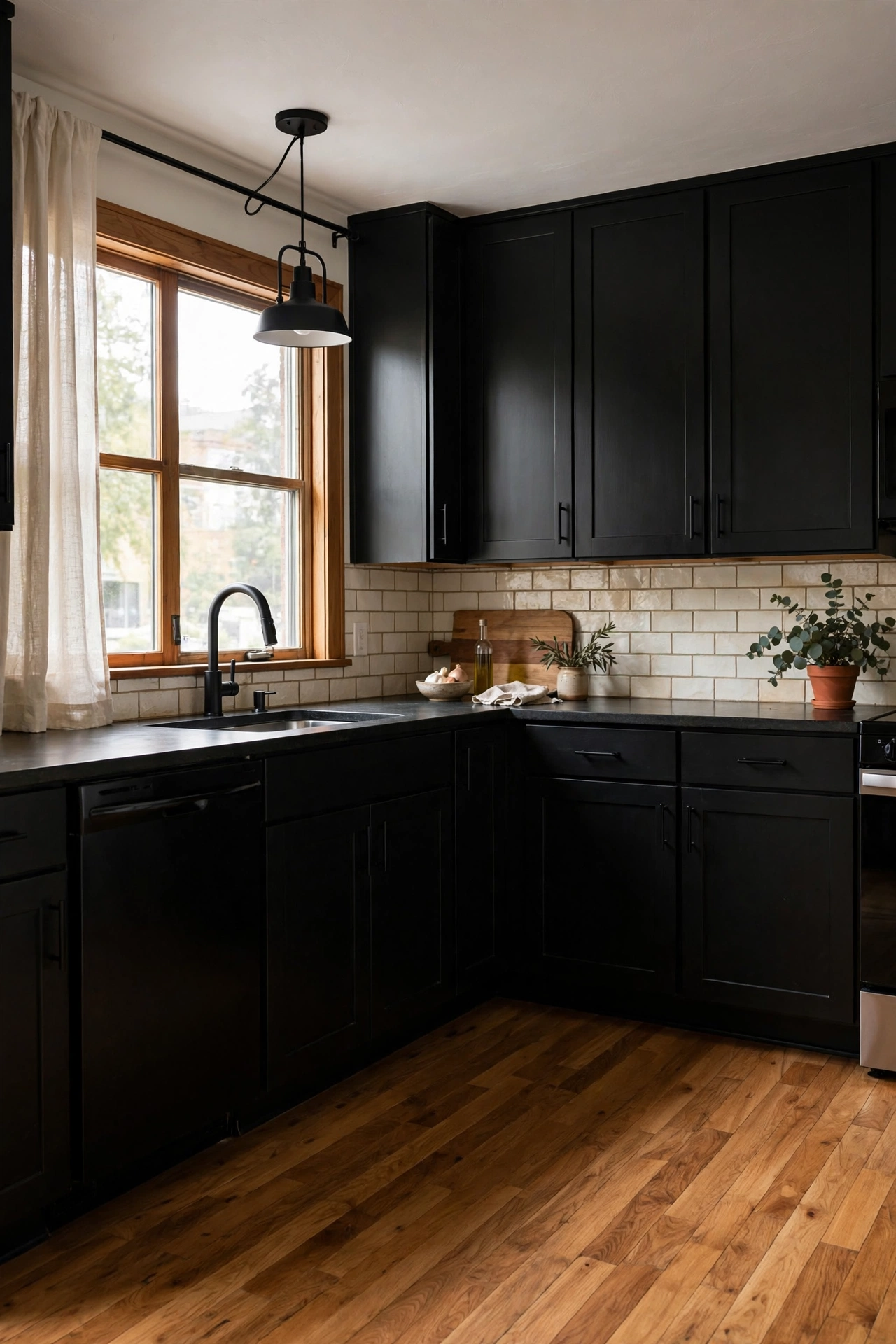 Black and wood kitchen cabinets