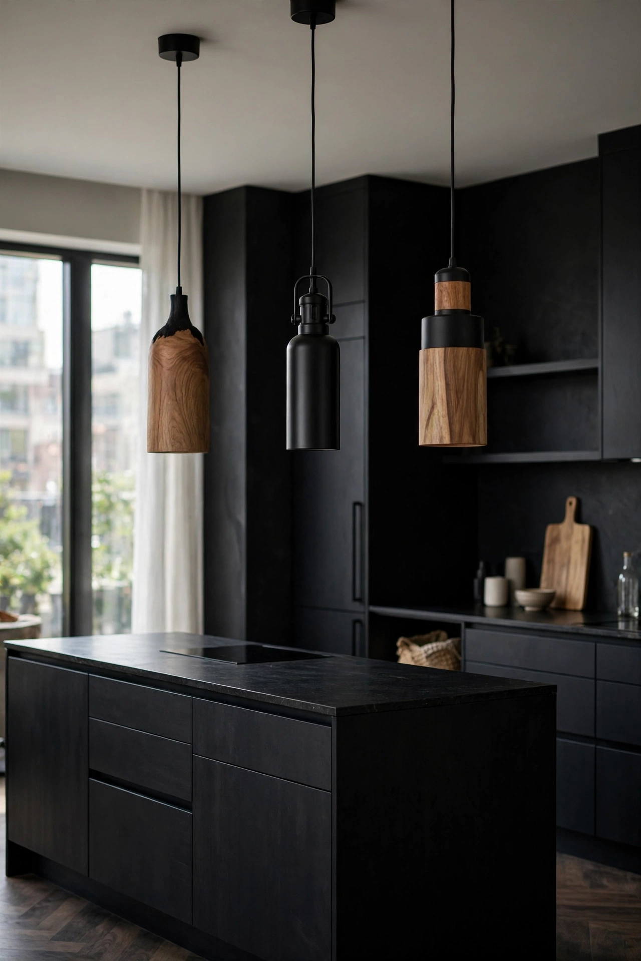 Black and natural wood kitchen