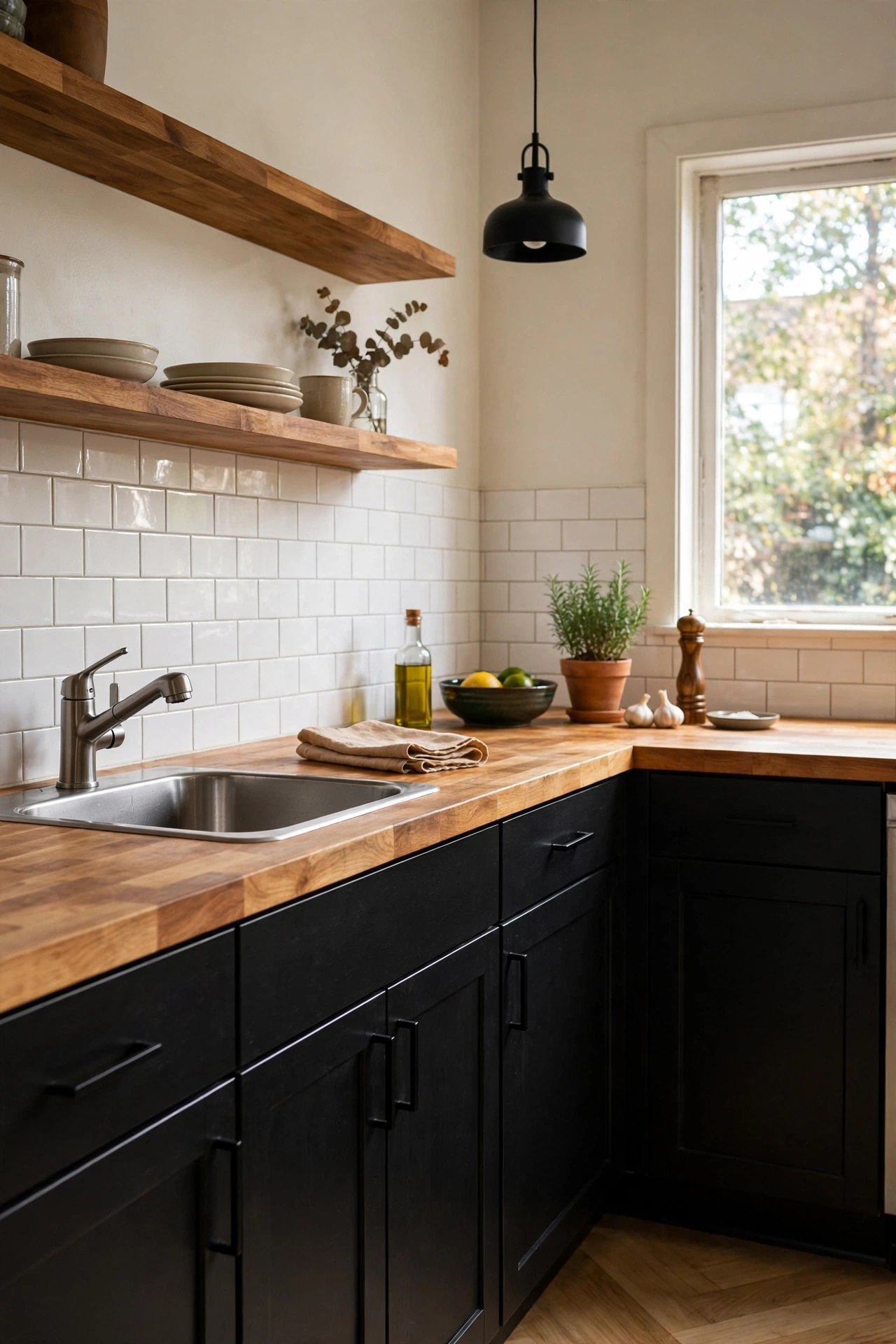 Black and wood kitchen cabinets