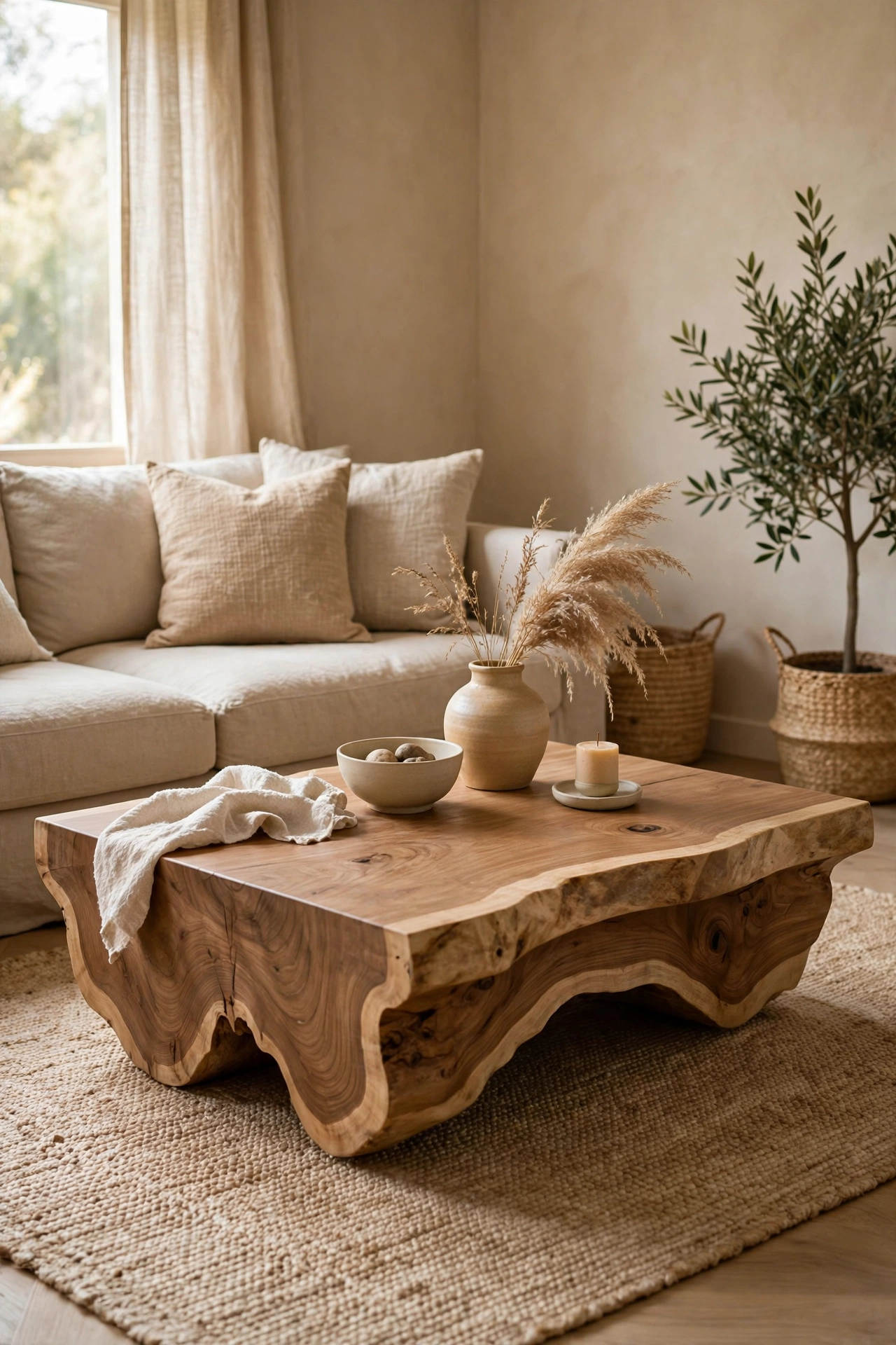 Beige and wood living room interior