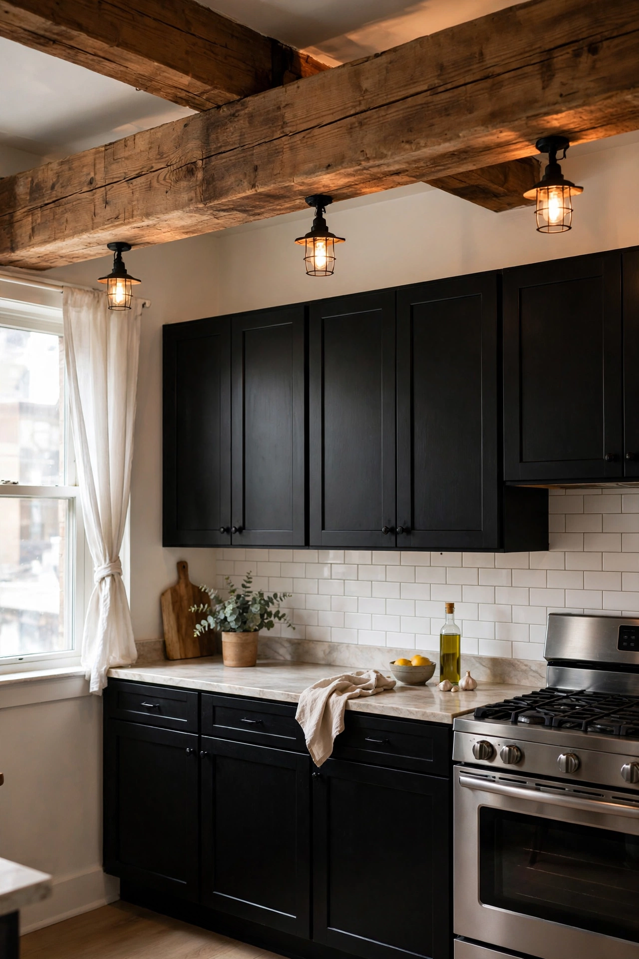 Black and wood kitchen cabinets
