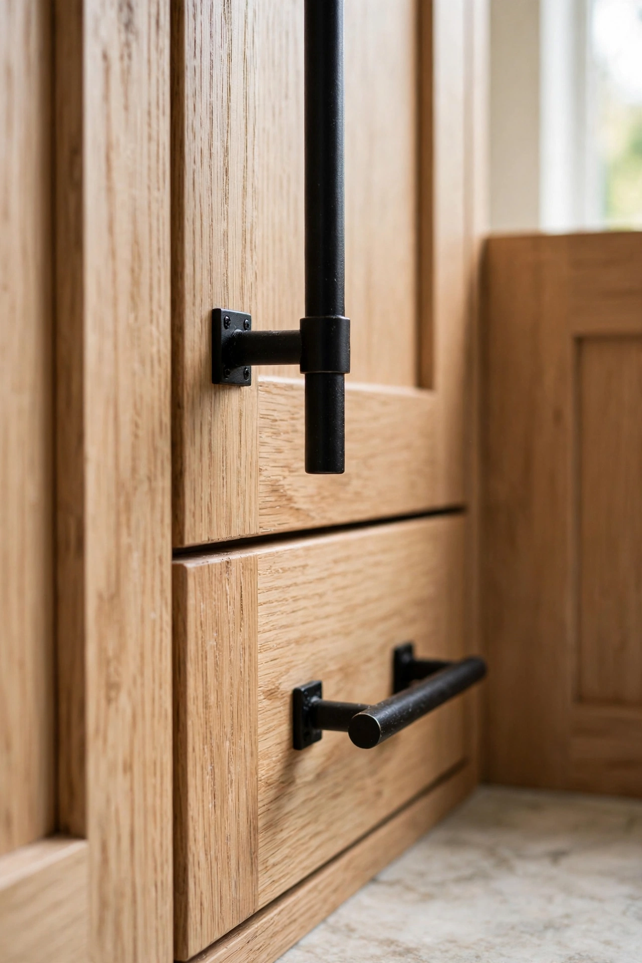 Black and wood kitchen cabinets