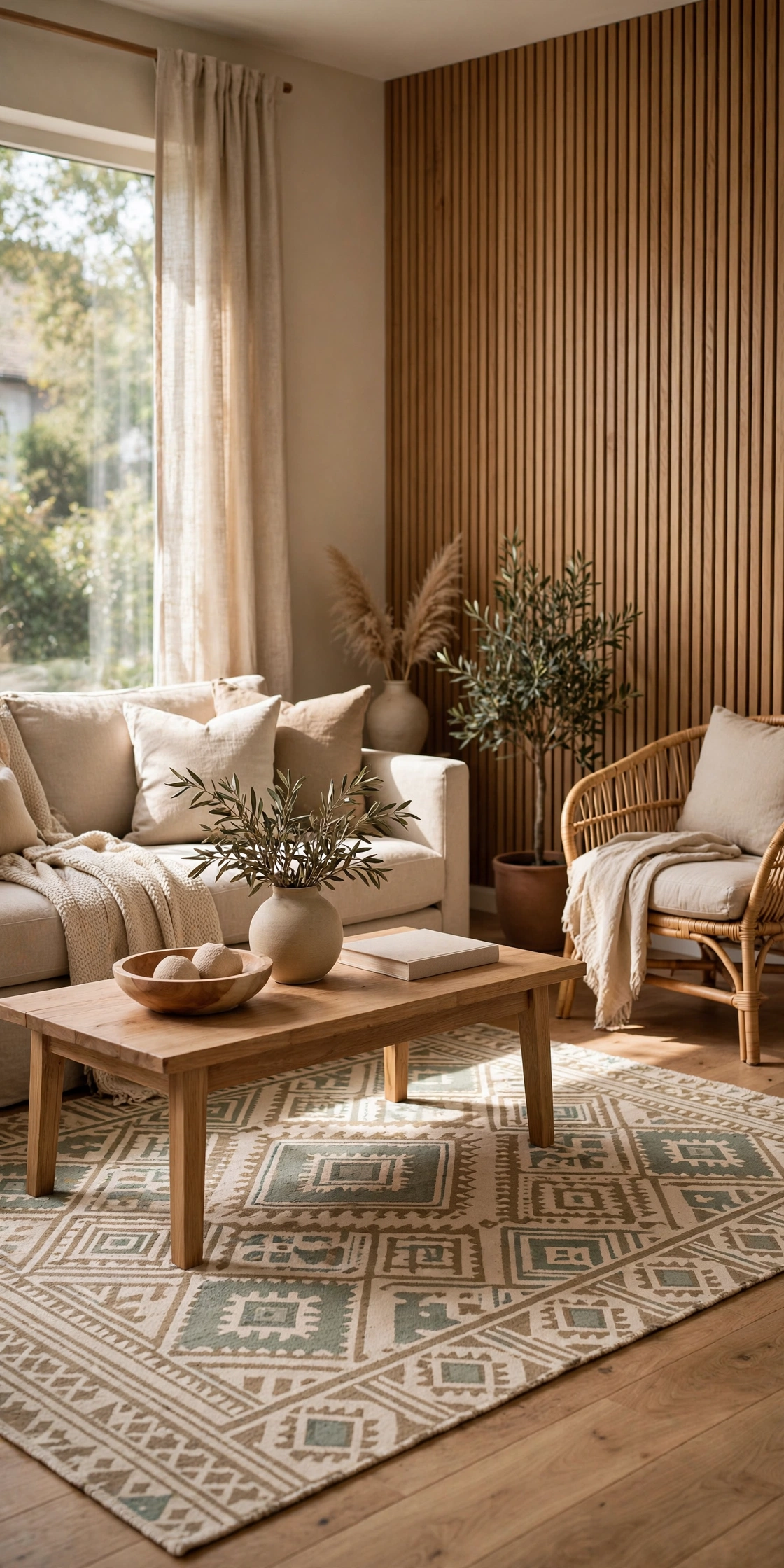 Beige and wood living room interior