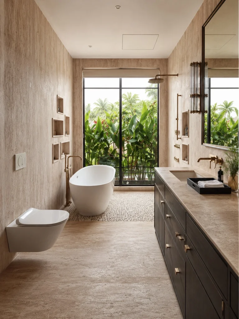 Beige black and white bathroom with travertine walls, a black vanity and a white freestanding tub