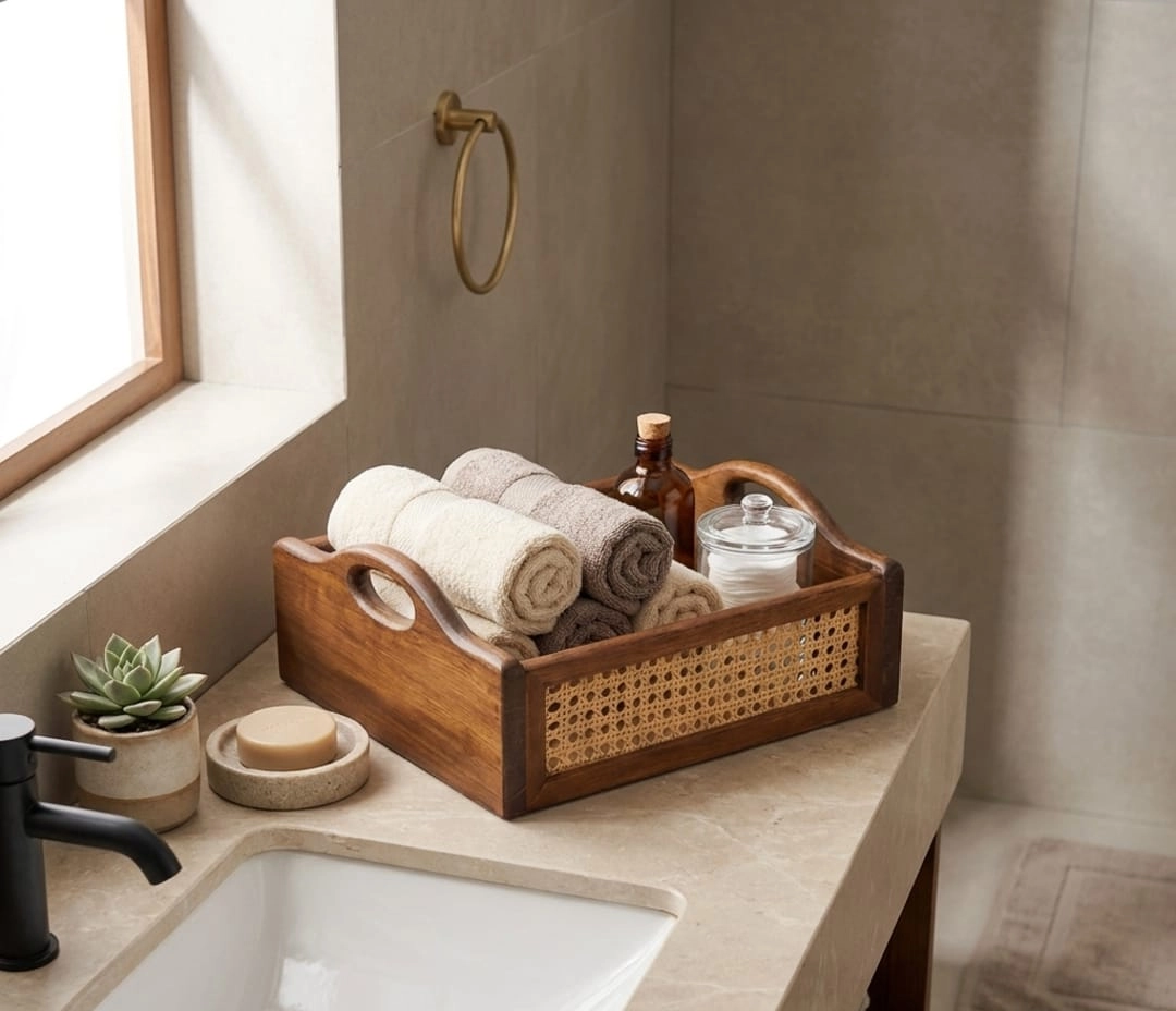 Cane and rattan tray with rolled towels on a beige bathroom counter