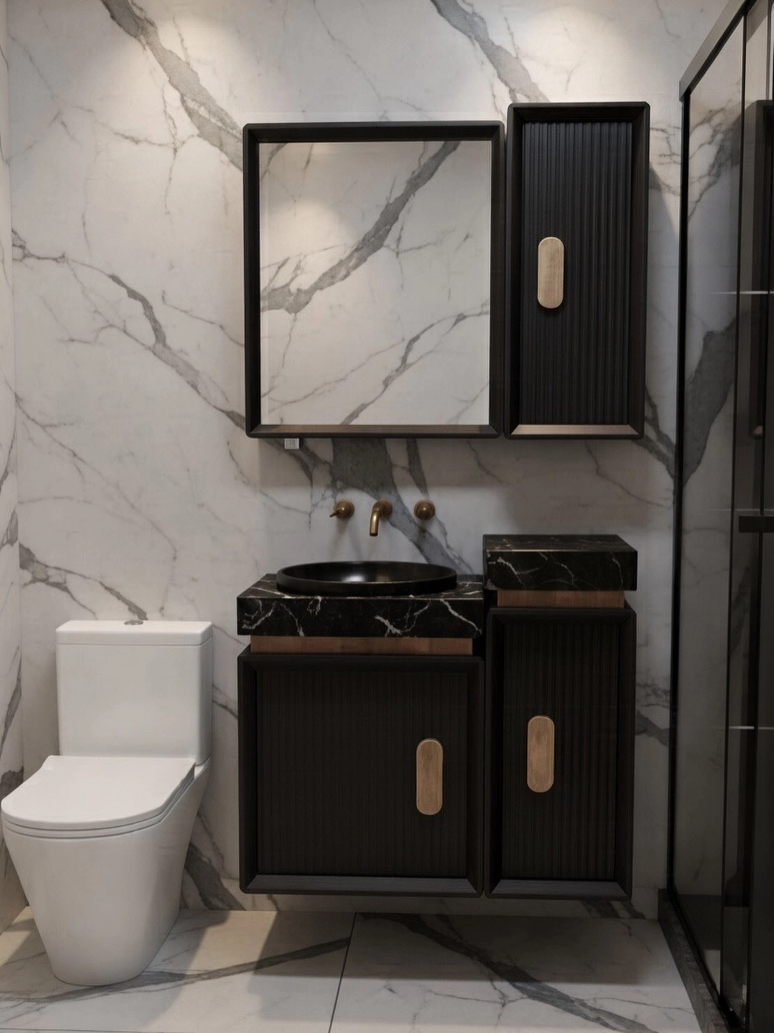 Black vanity with a black stone top and vessel sink