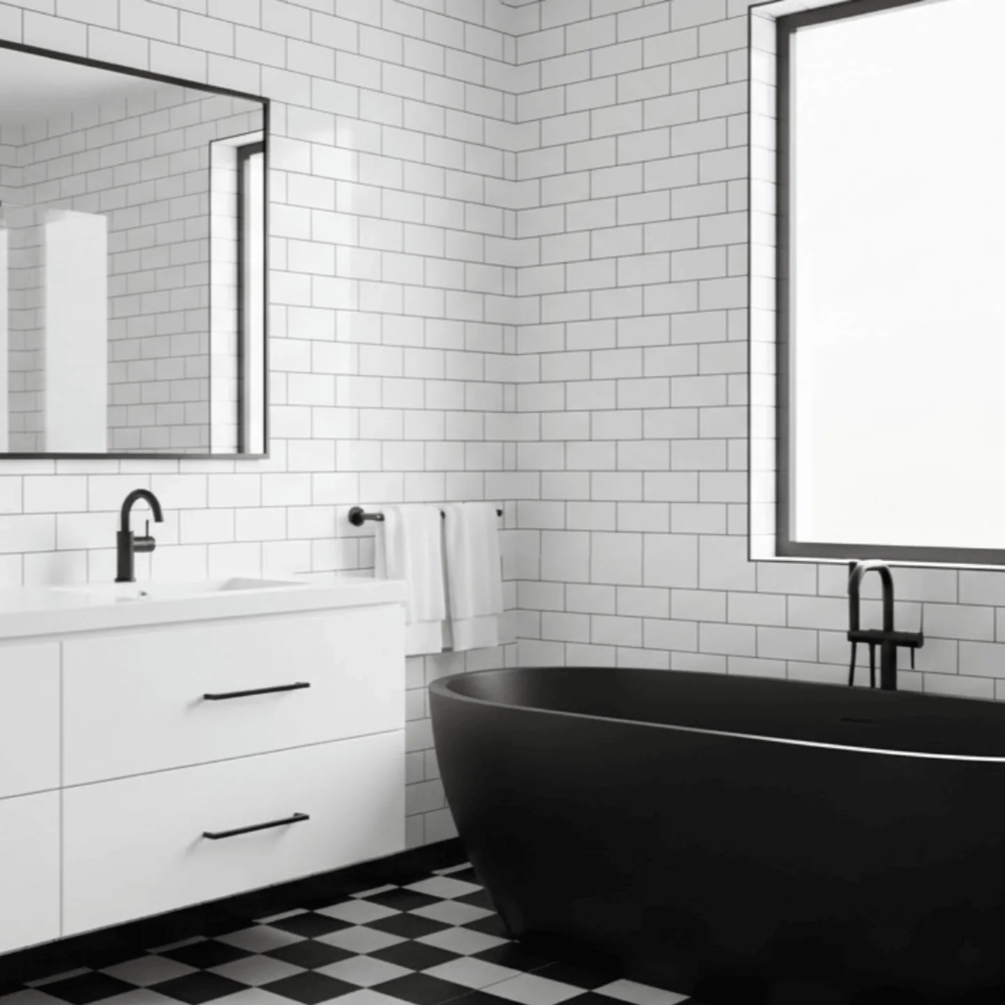 Black and white checkerboard floor in a subway tile bathroom