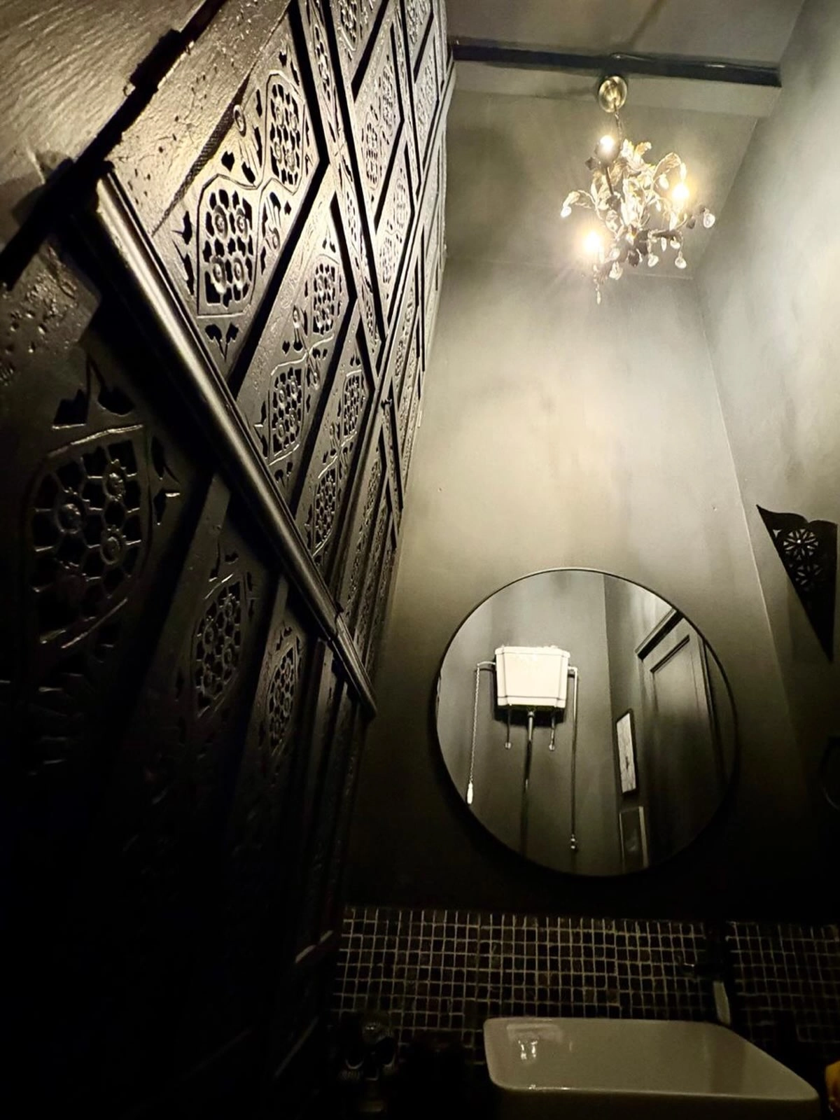 Dark moody powder room with carved black wall panels