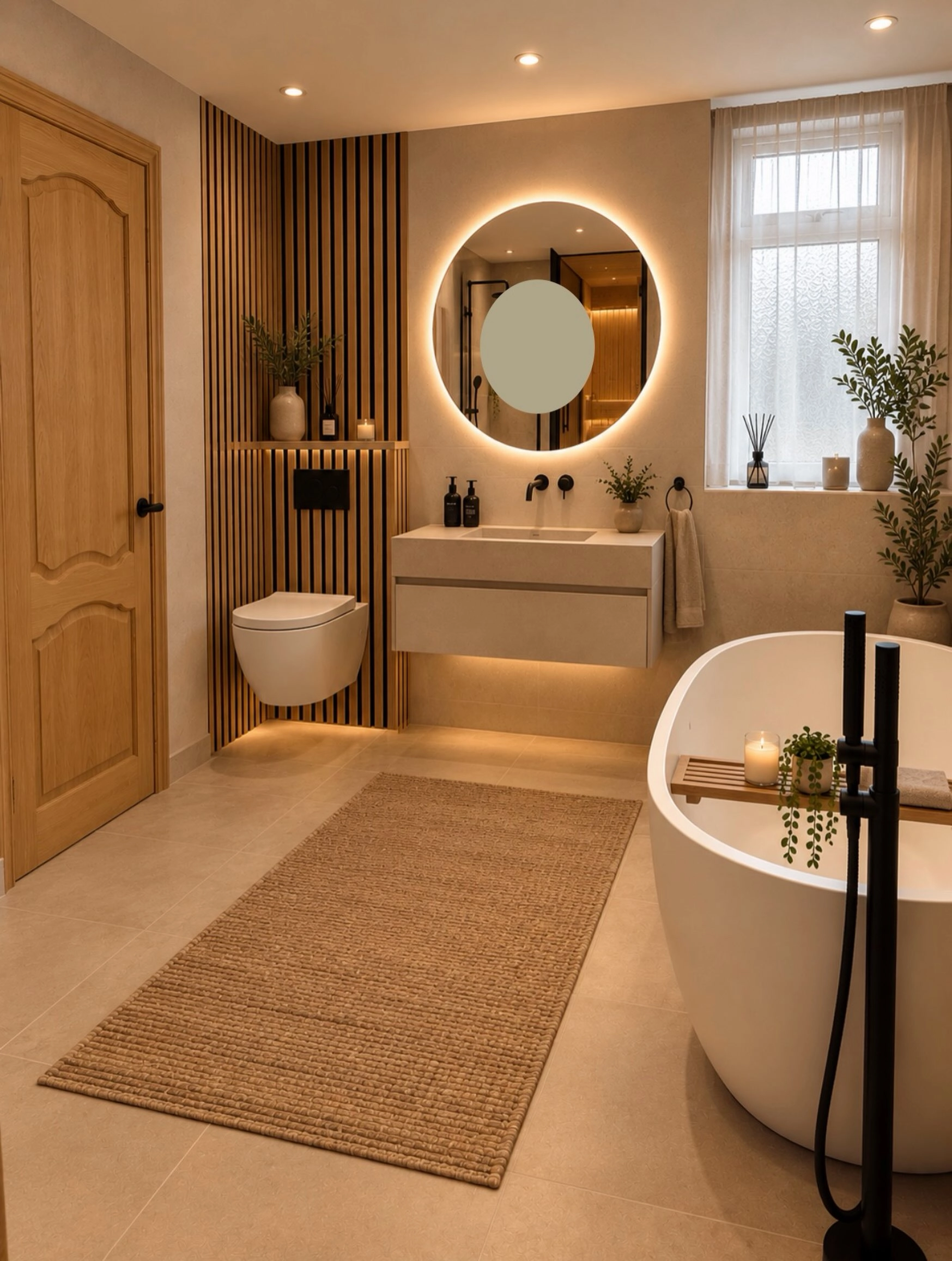 Classic beige, white and black bathroom with a backlit mirror