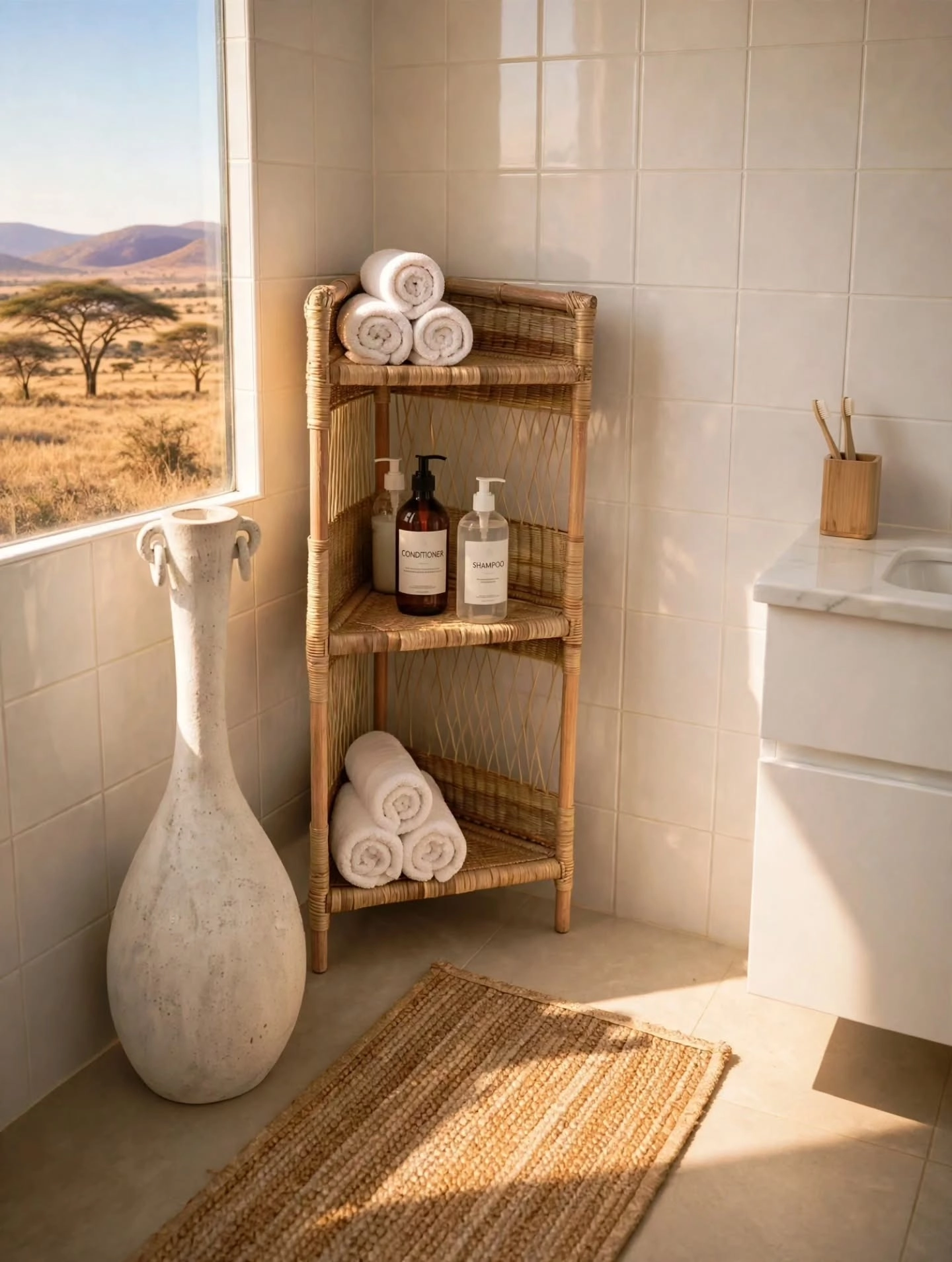 Cane bathroom storage shelf with rolled white towels
