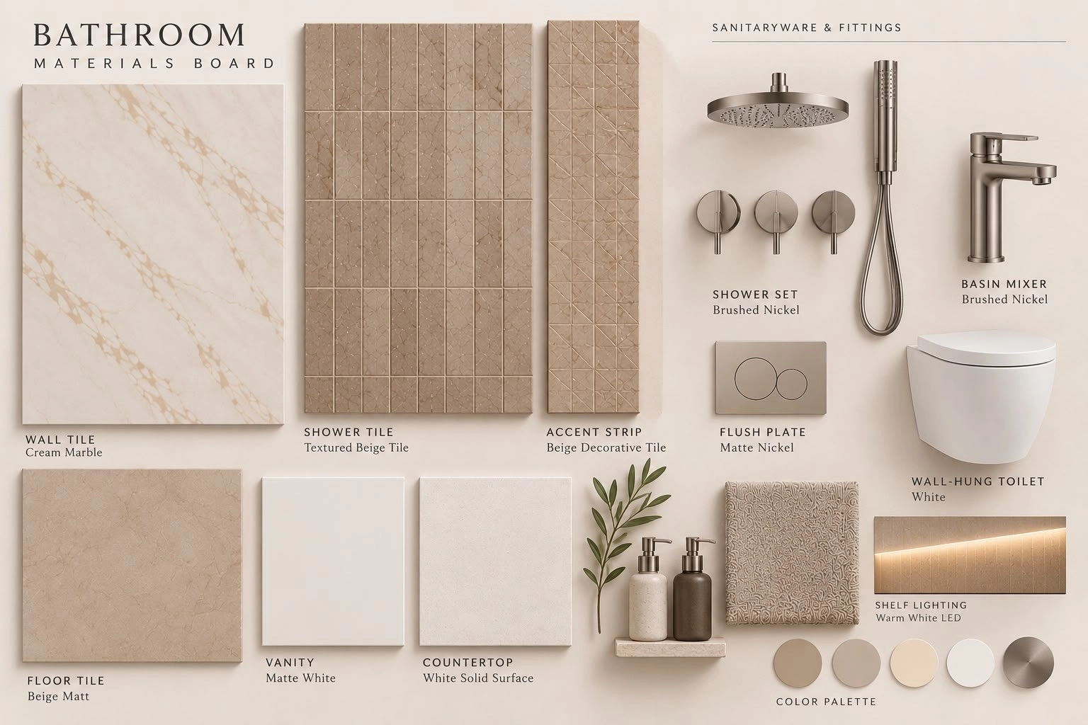 Bathroom materials board with beige tile and finish samples