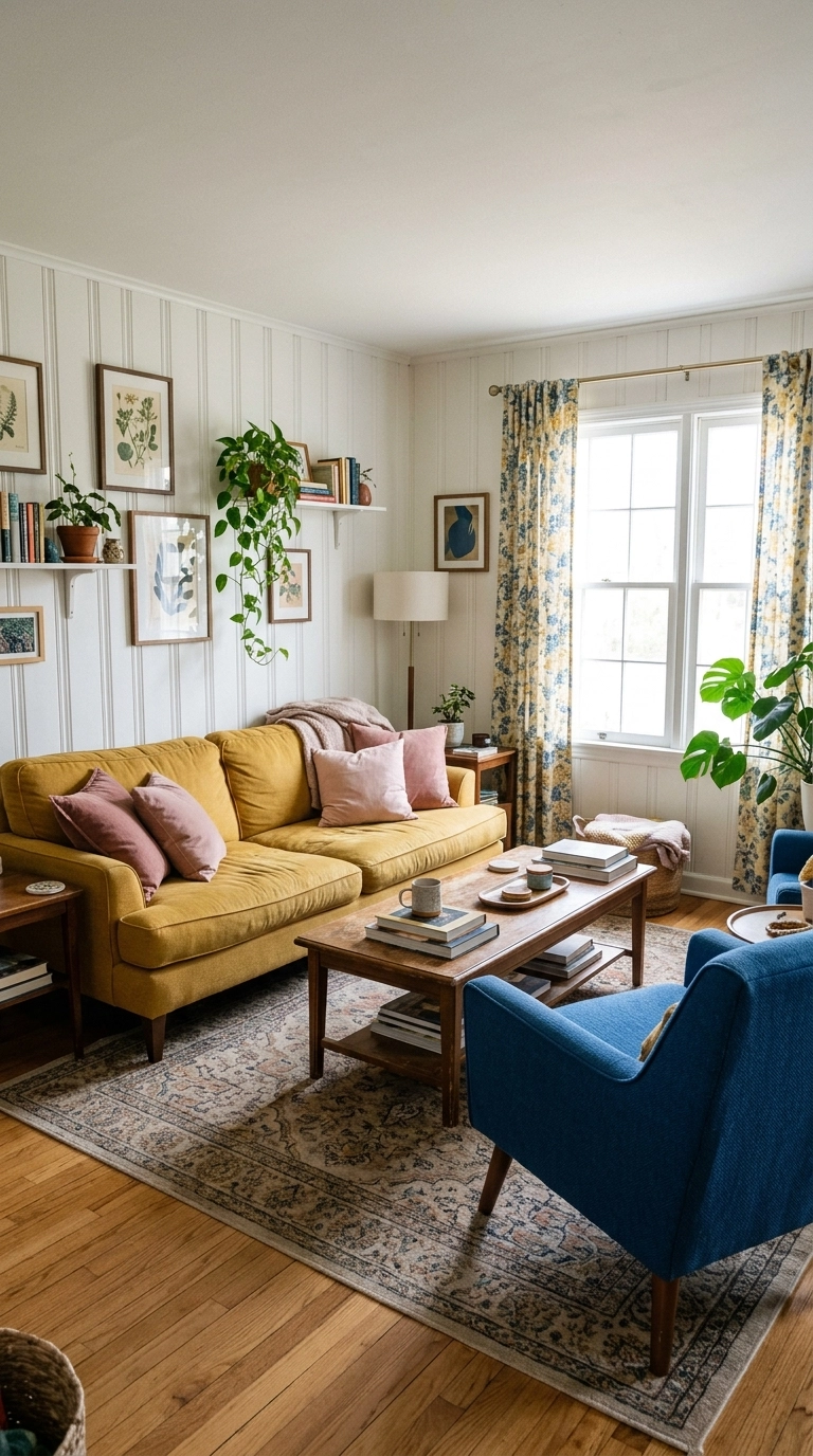 Mustard yellow sofa with pink cushions and a cobalt blue armchair in a white panelled room