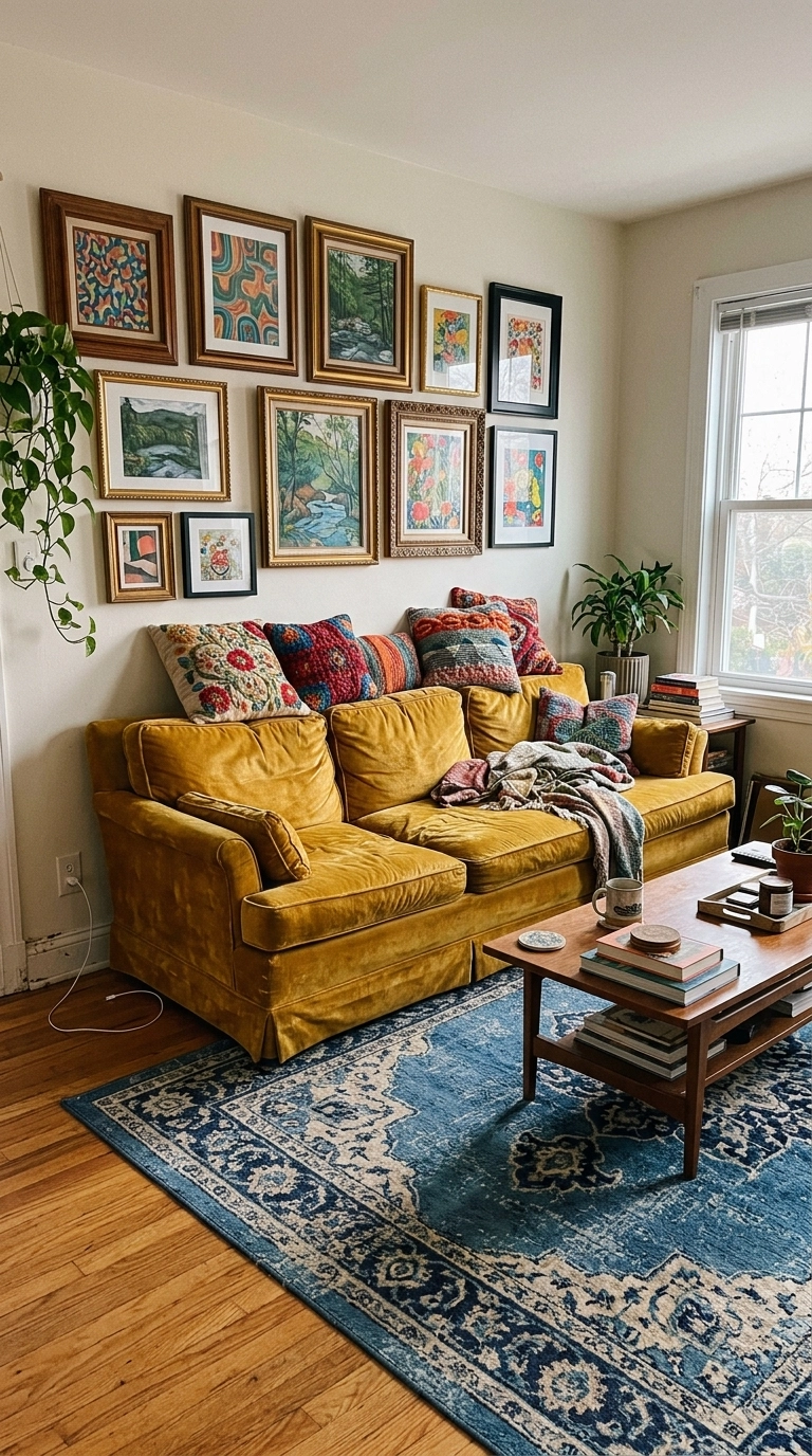 Mustard yellow velvet sofa with colourful cushions below a gallery wall, blue patterned rug
