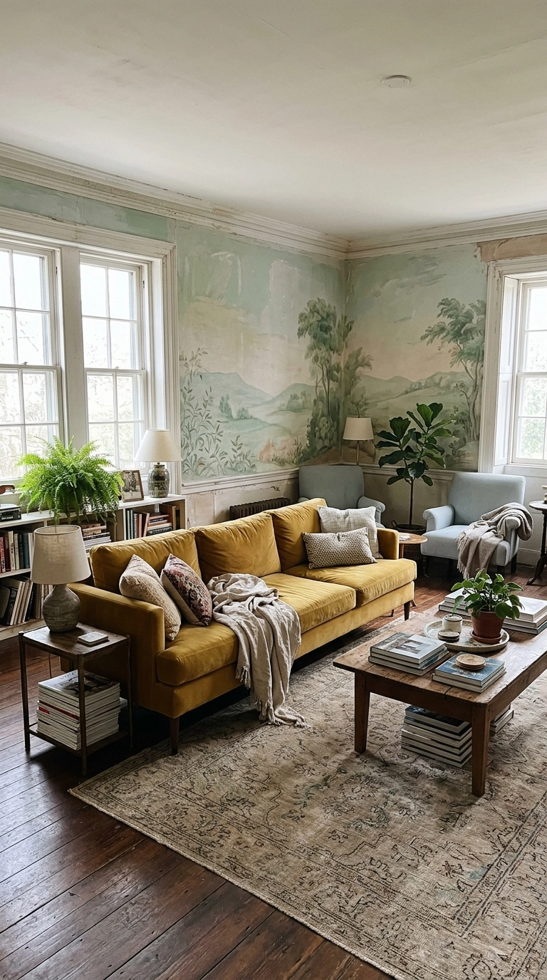 Mustard yellow velvet sectional in a room with soft painted landscape mural walls