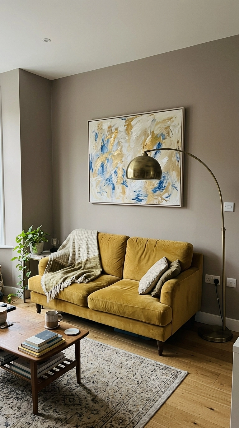 Mustard yellow velvet two-seater in a taupe room with a large abstract painting and brass arc lamp