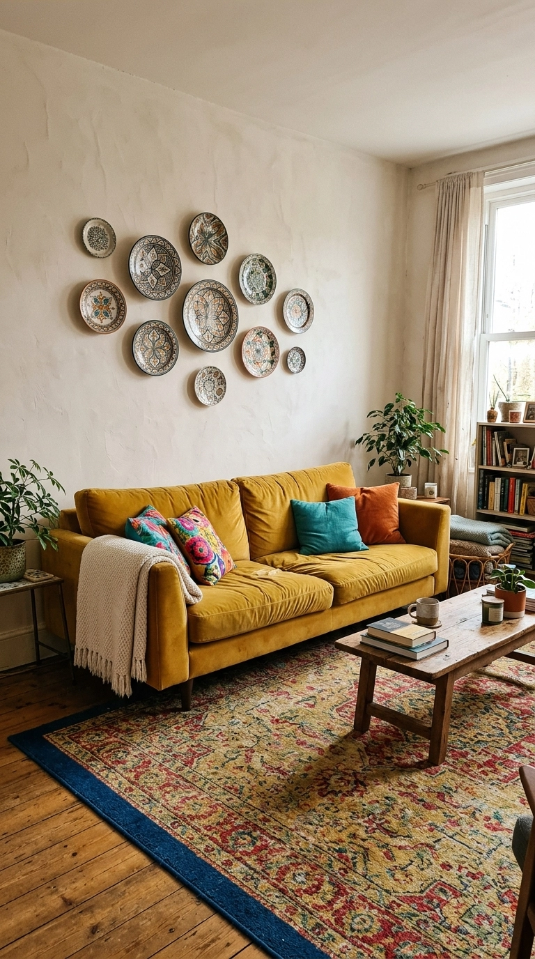Mustard velvet sofa with a white throw below decorative wall plates, large rug with a deep blue border