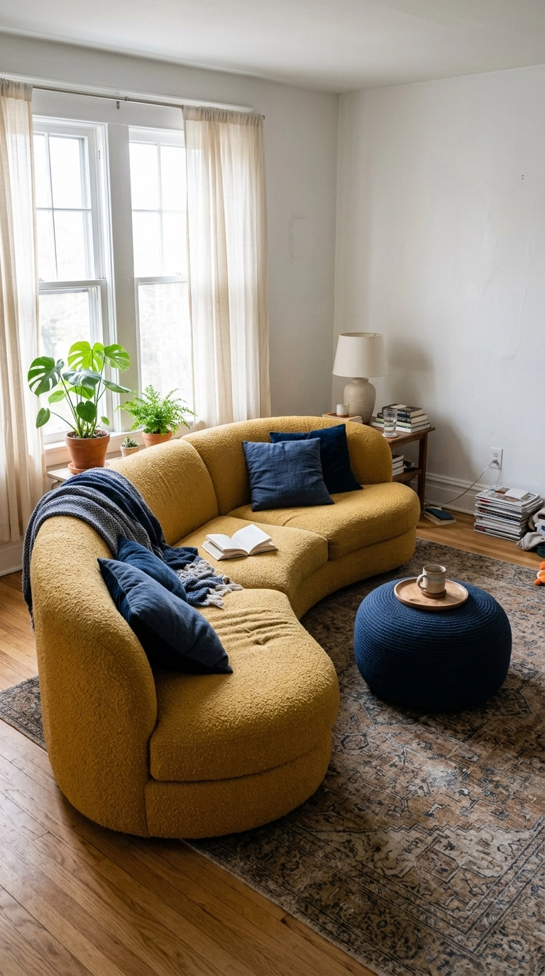 Curved mustard yellow boucle sectional with navy cushions and a round navy pouf