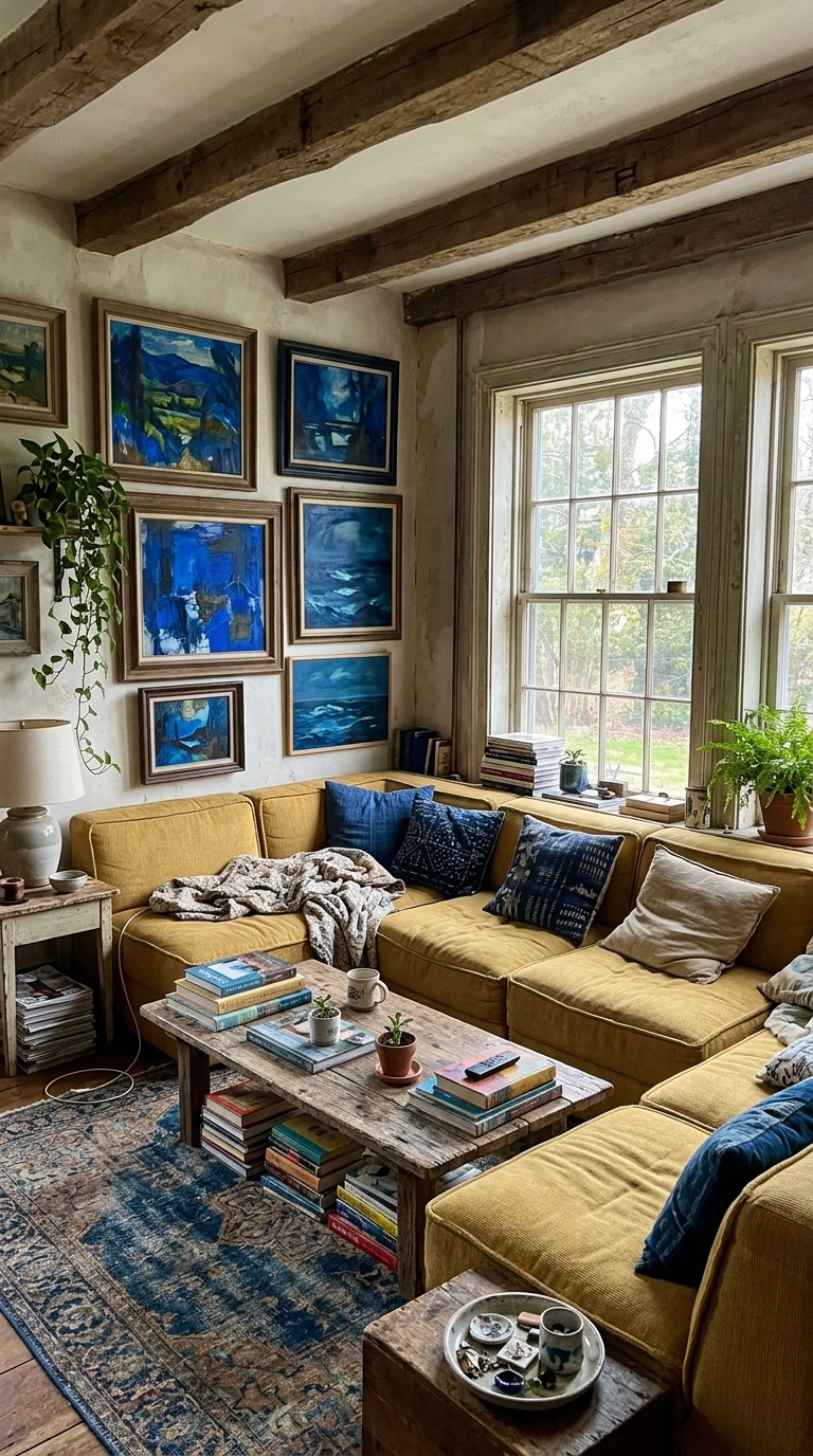Mustard yellow modular sectional in a rustic beamed room with a gallery of blue paintings