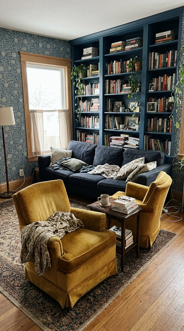 Blue wallpapered room with blue shelves and two mustard yellow velvet armchairs in front