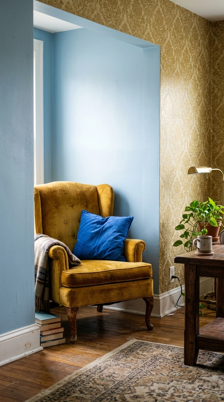 Mustard yellow velvet wingback armchair with a blue cushion in a pale blue alcove