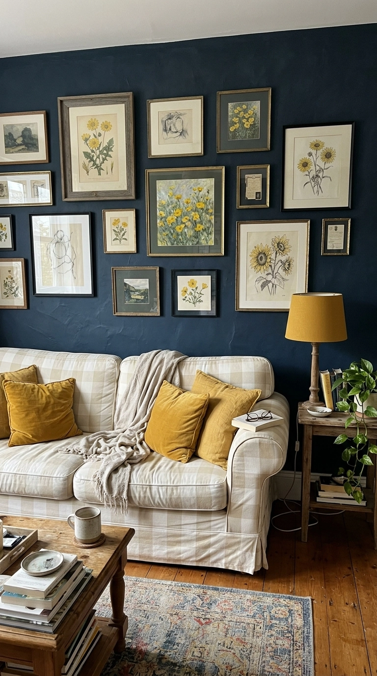 Cream checked sofa with mustard cushions against a dark blue gallery wall