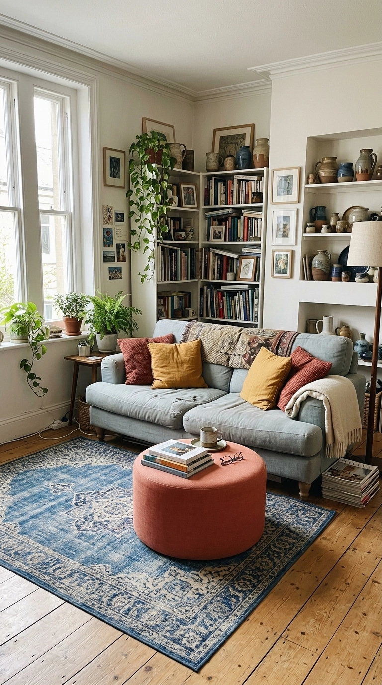 Pale blue-grey sofa with yellow and red cushions, blue rug and a coral ottoman