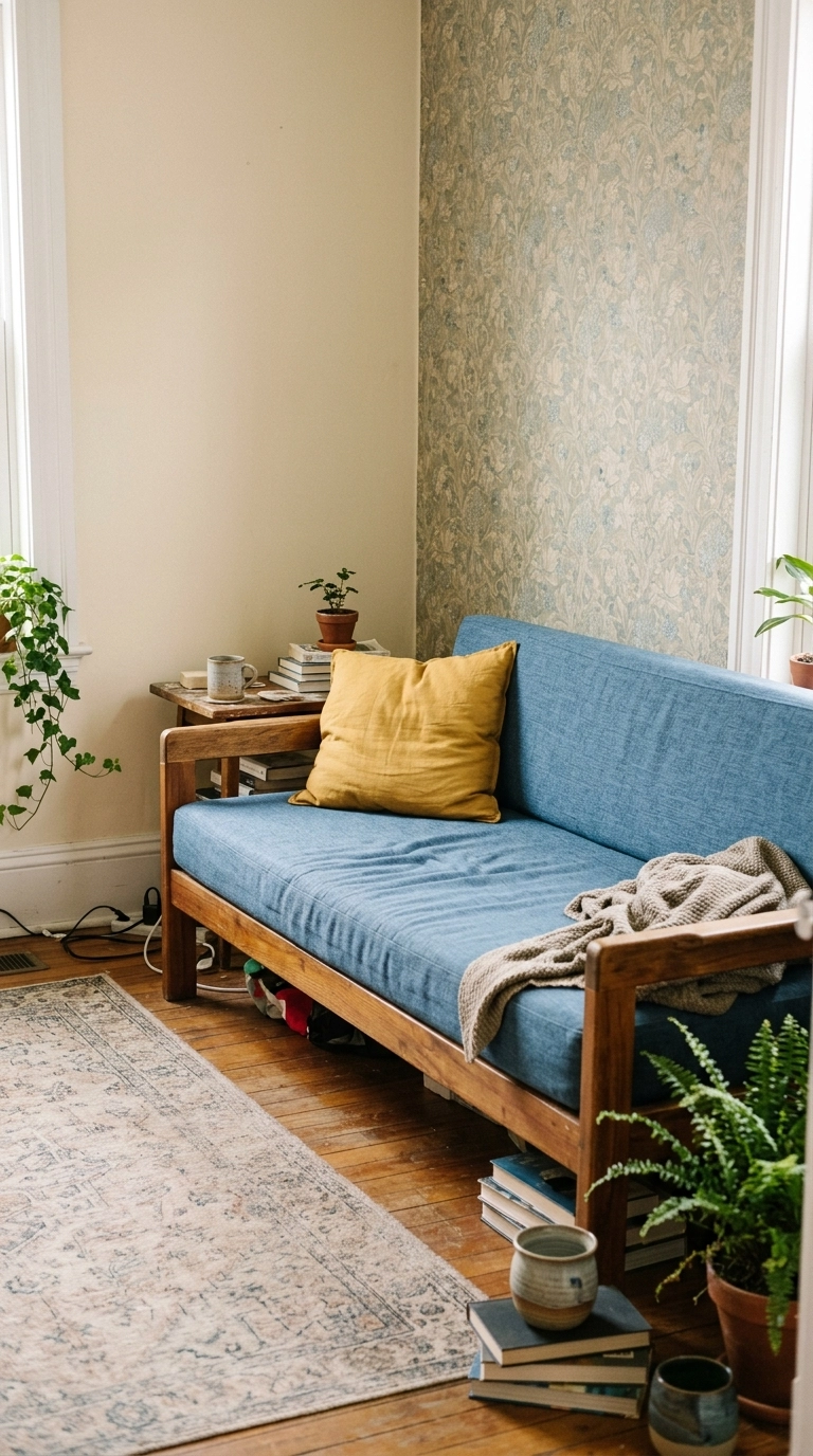 Blue daybed sofa with a single mustard yellow cushion placed in the centre