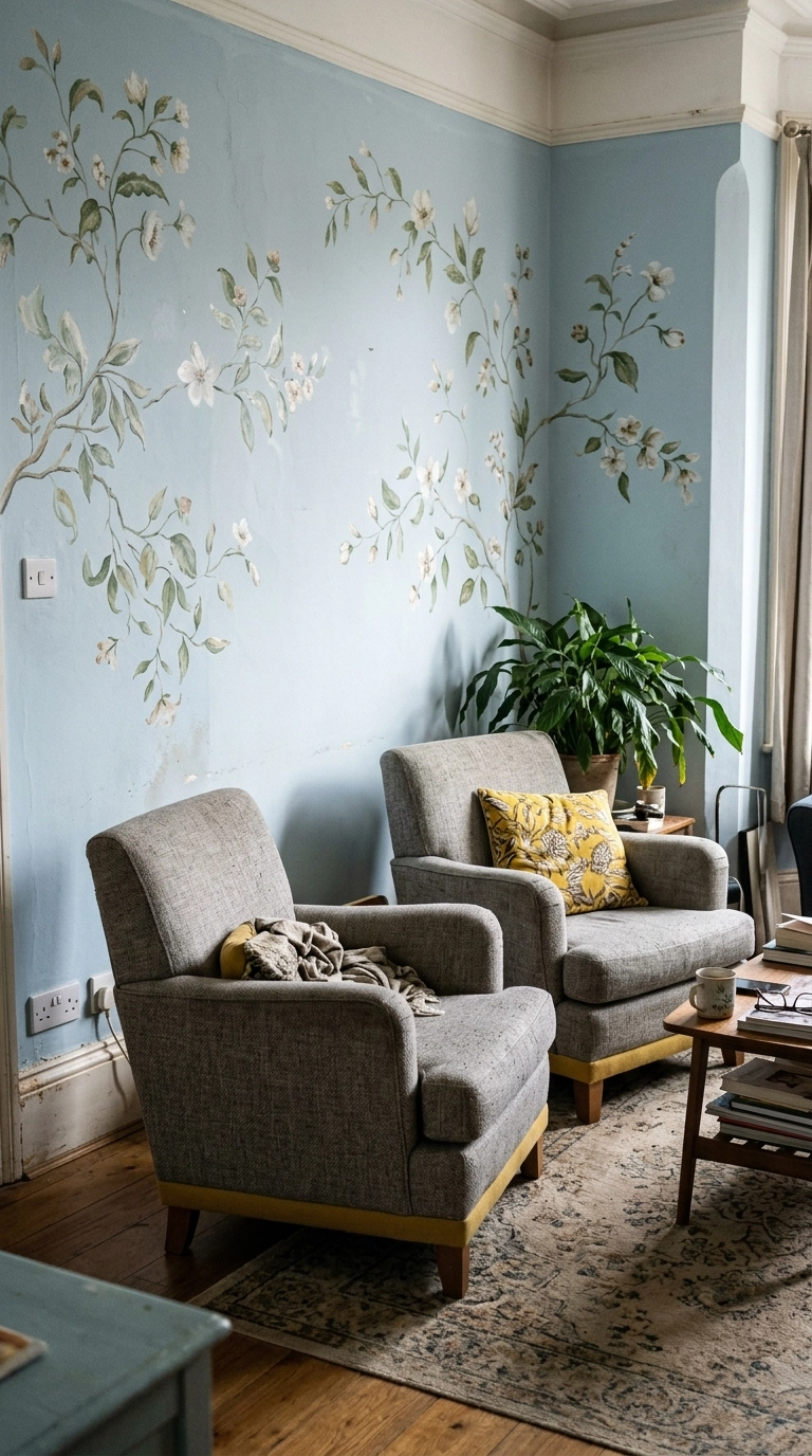 Grey armchairs against a pale blue wall hand painted with floral branches, yellow cushion