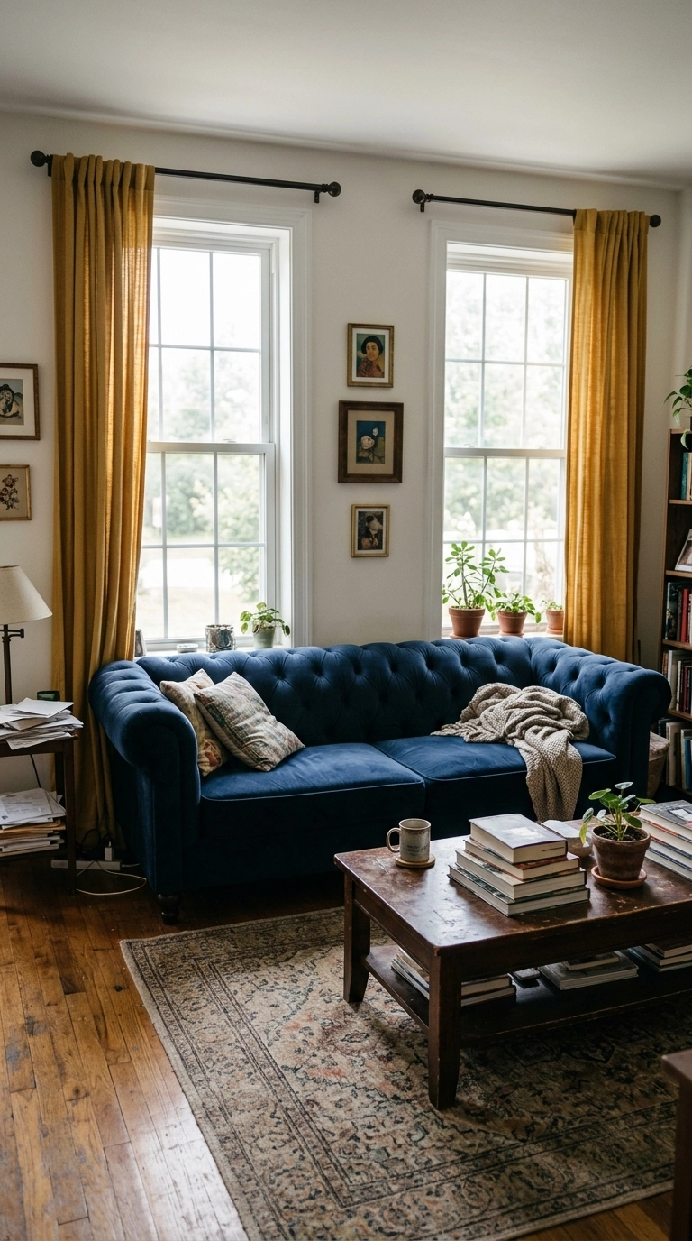 Navy blue tufted Chesterfield sofa between windows with full-length yellow curtains
