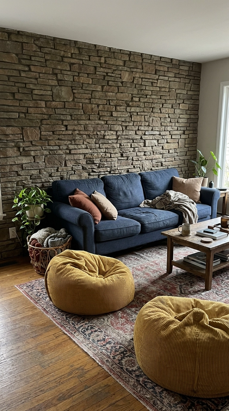 Navy blue sofa against a stacked stone wall with two mustard yellow beanbag chairs