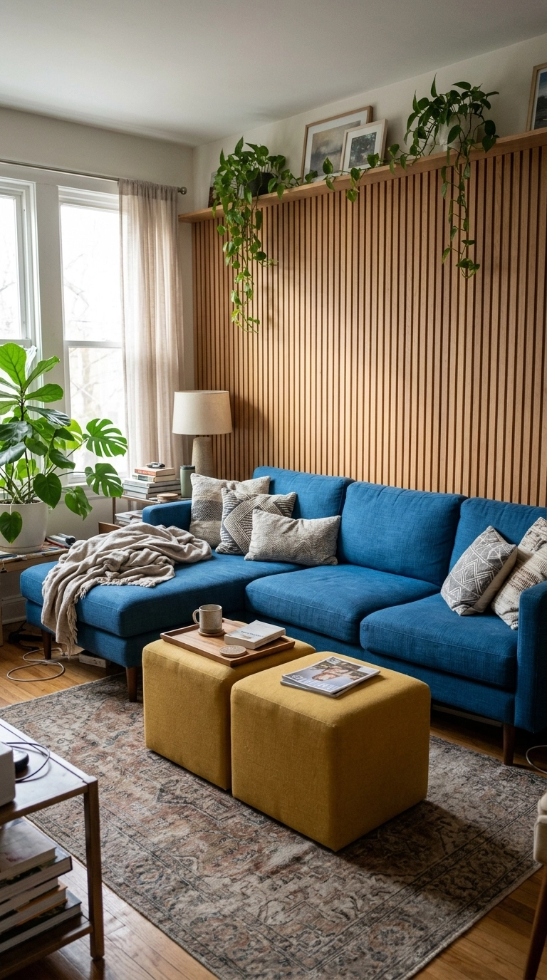 Blue L-shaped sofa with two mustard yellow ottomans and a slatted wood wall