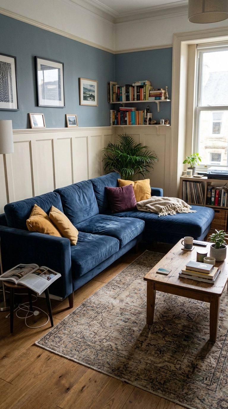 Navy blue velvet sectional with mustard cushions in a blue and cream panelled room