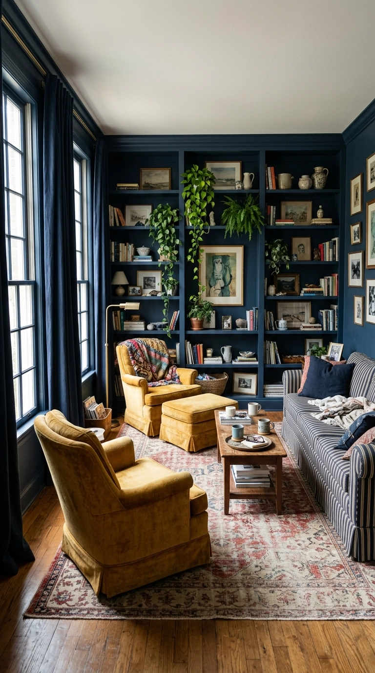 Navy blue keeping room with shelving, pinstripe sofa and ochre yellow armchairs