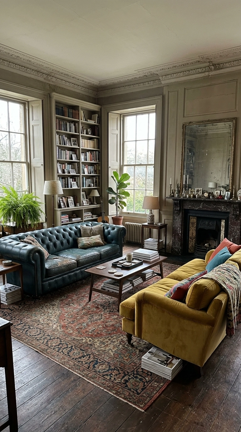 Dark teal Chesterfield and a mustard yellow velvet sofa facing each other in a period room