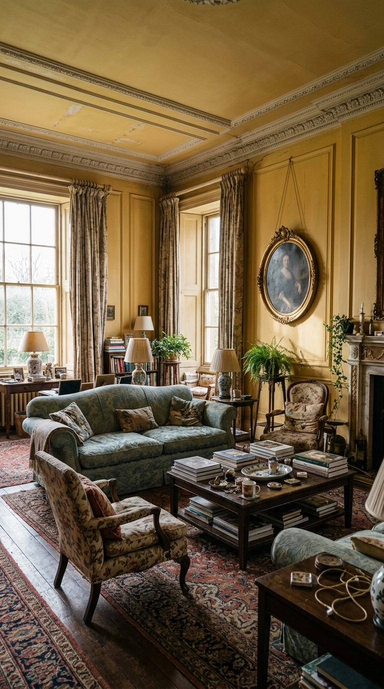 Living room with yellow walls and ceiling, blue-green damask sofa and an oval gilt portrait